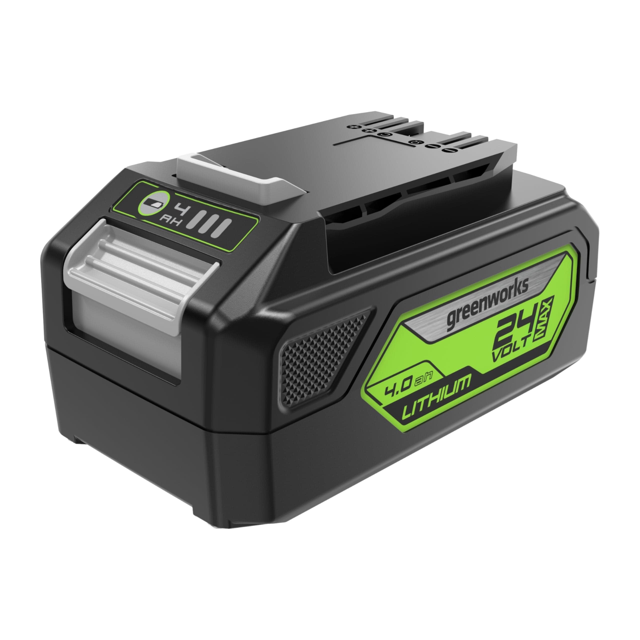 Greenworks 24V Battery. Original Greenworks Rechargeable Powerful Battery. Suitable for All 24V Garden Tools. 4 Ah Lithium-Ion Battery. Fast Charging, 3-Stage charge level. 2 Year Warranty G24B4