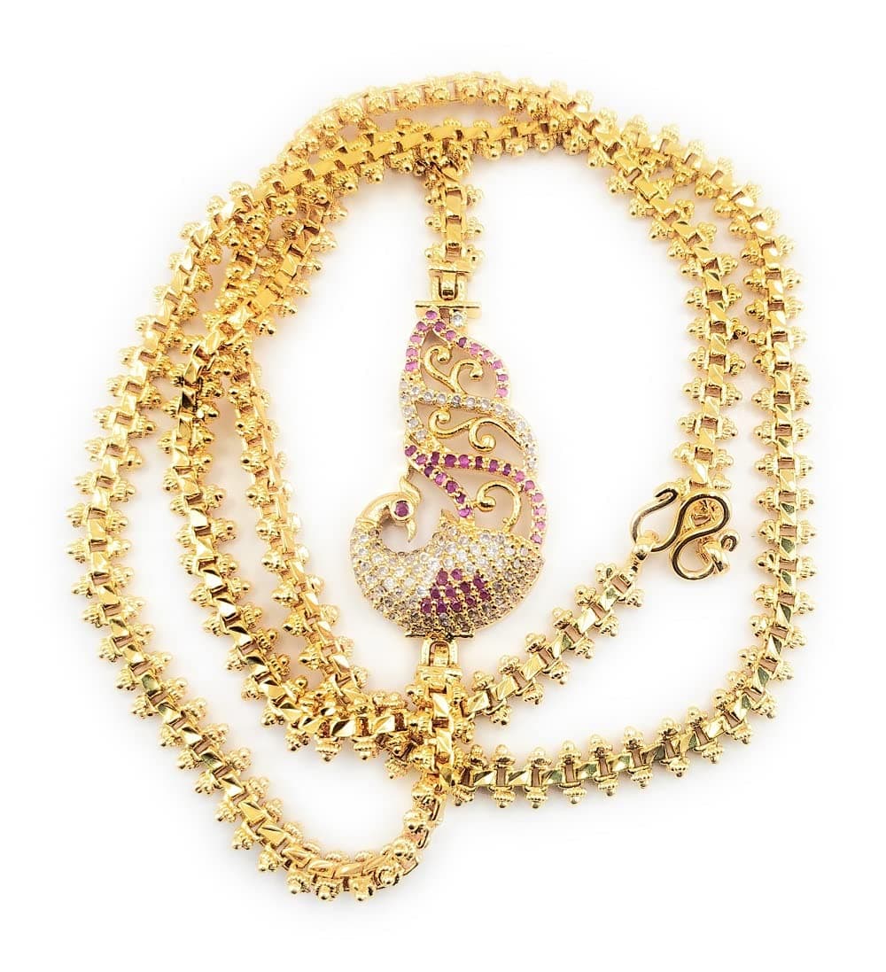 AFJ GOLD 1 Gram Micro Gold Plated Traditional Designer Daily Wear Ruby Emerald Mugappu Chain for Women And Girl