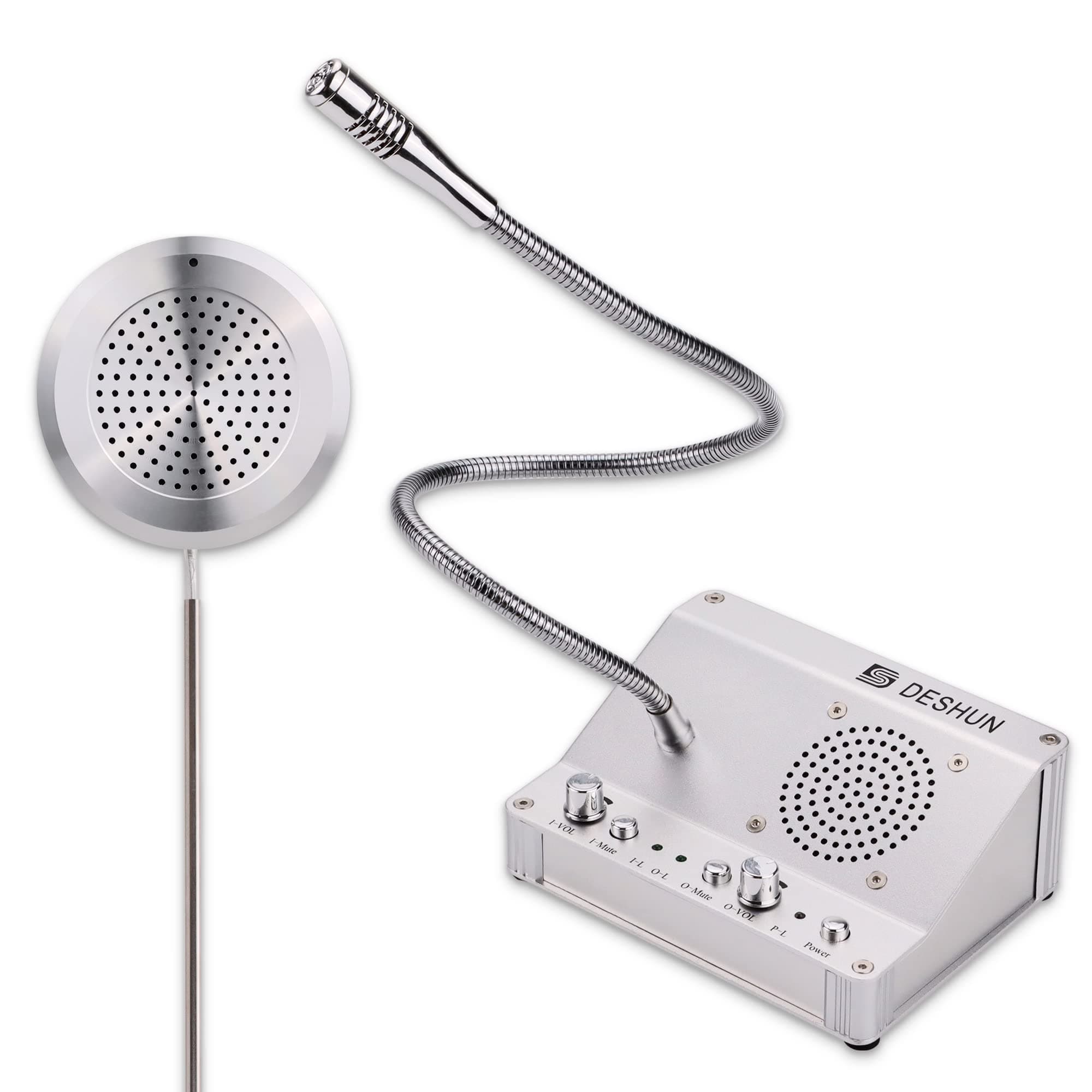 DESHUN Window Intercom, Dual-Way Window Counter Intercom Microphone, Automatic Two-Way Communication, All-Metal Body Design, Silver, Businesses and Institutions