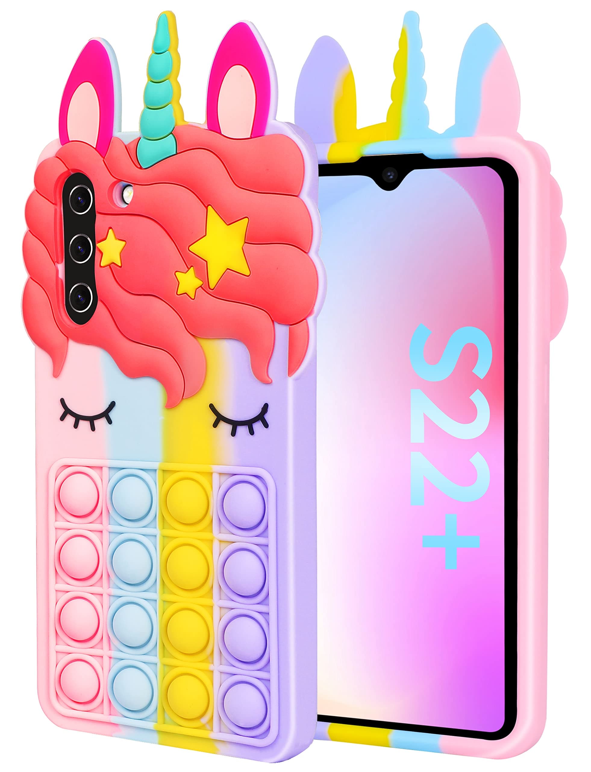 Toycamp Fidget it Case for Samsung Galaxy S22 Plus 6.6 Inch Cute Silicone Girls Push Bubble Wrap Phone Cases Funny 3D Unicorn Cartoon Fun Cover Teens Boys Color Unique for S22+