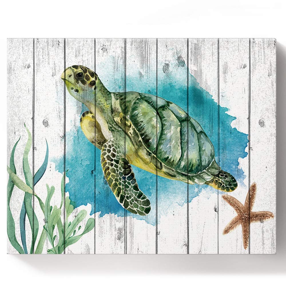 DIY Painting by Numbers for Children Adults, Sea Turtle Coral Starfish on The Retro Wood Board - Paint by Number Kit On Canvas for Beginners | Wooden Framed with Brushes and Paint, 16"x 20"