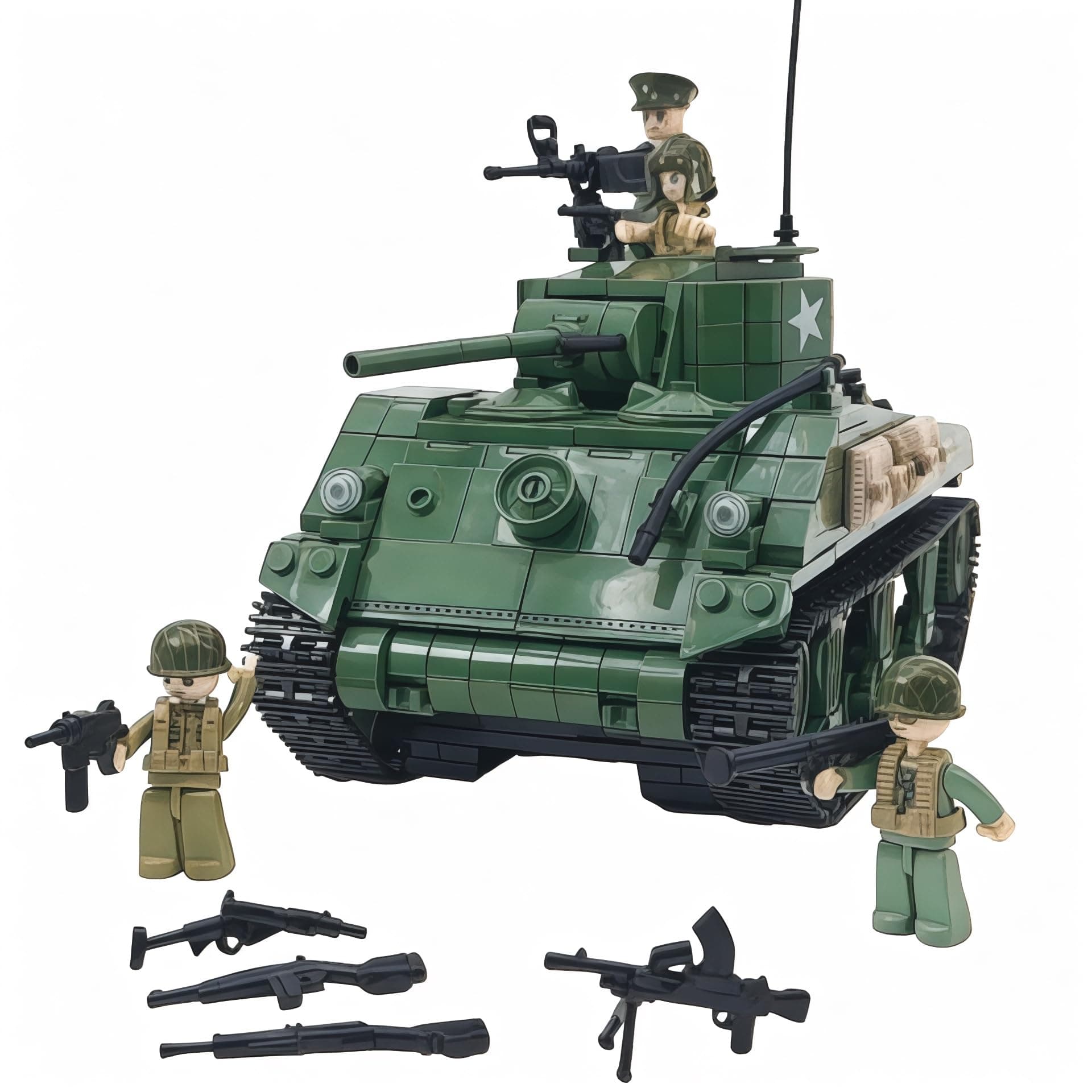 General Jim's WWII M4A1 Sherman Tank Brick Building Blocks Set, 726 Pieces, 1:29 Scale, Rotating Turret, Moving Tracks, Compatible with Major Brands, GJ-USSH