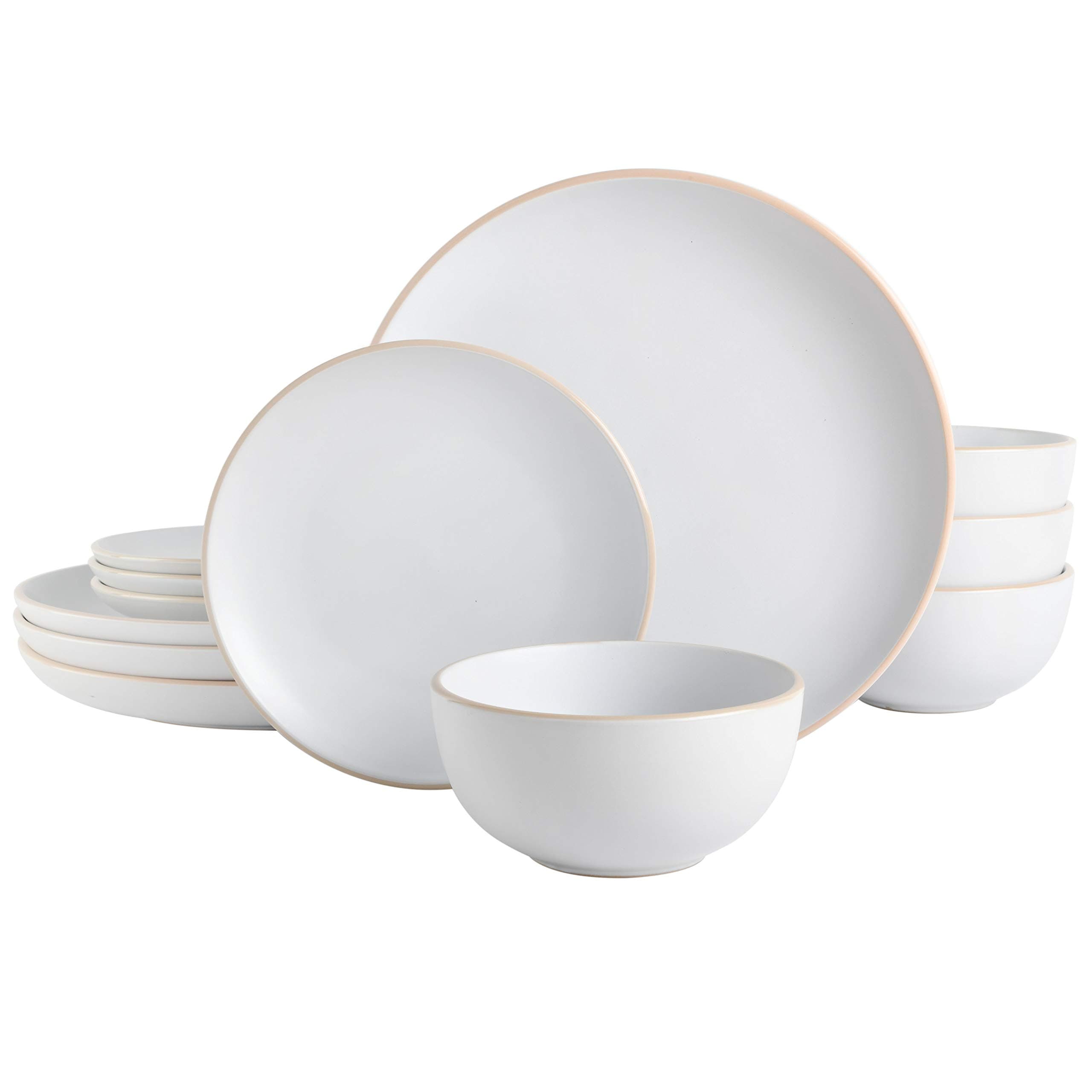 Gibson Home Rockaway 12-Piece Round Stoneware Dinnerware Set, Service for 4 – White Plates and Bowls, Modern Matte Finish, Microwave & Dishwasher Safe