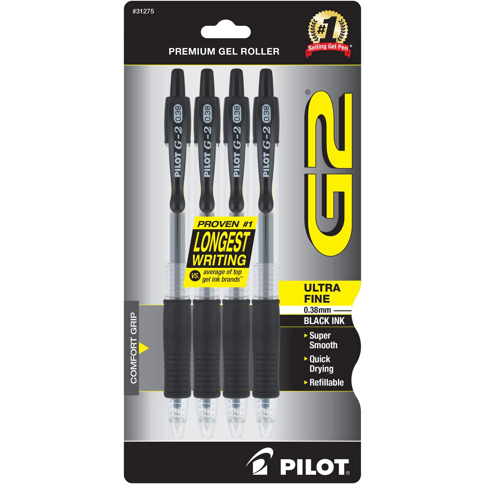G2 Premium Gel Roller Pens, Ultra Fine Point Gel Pens 0.38 mm, Pack of 4, Black
