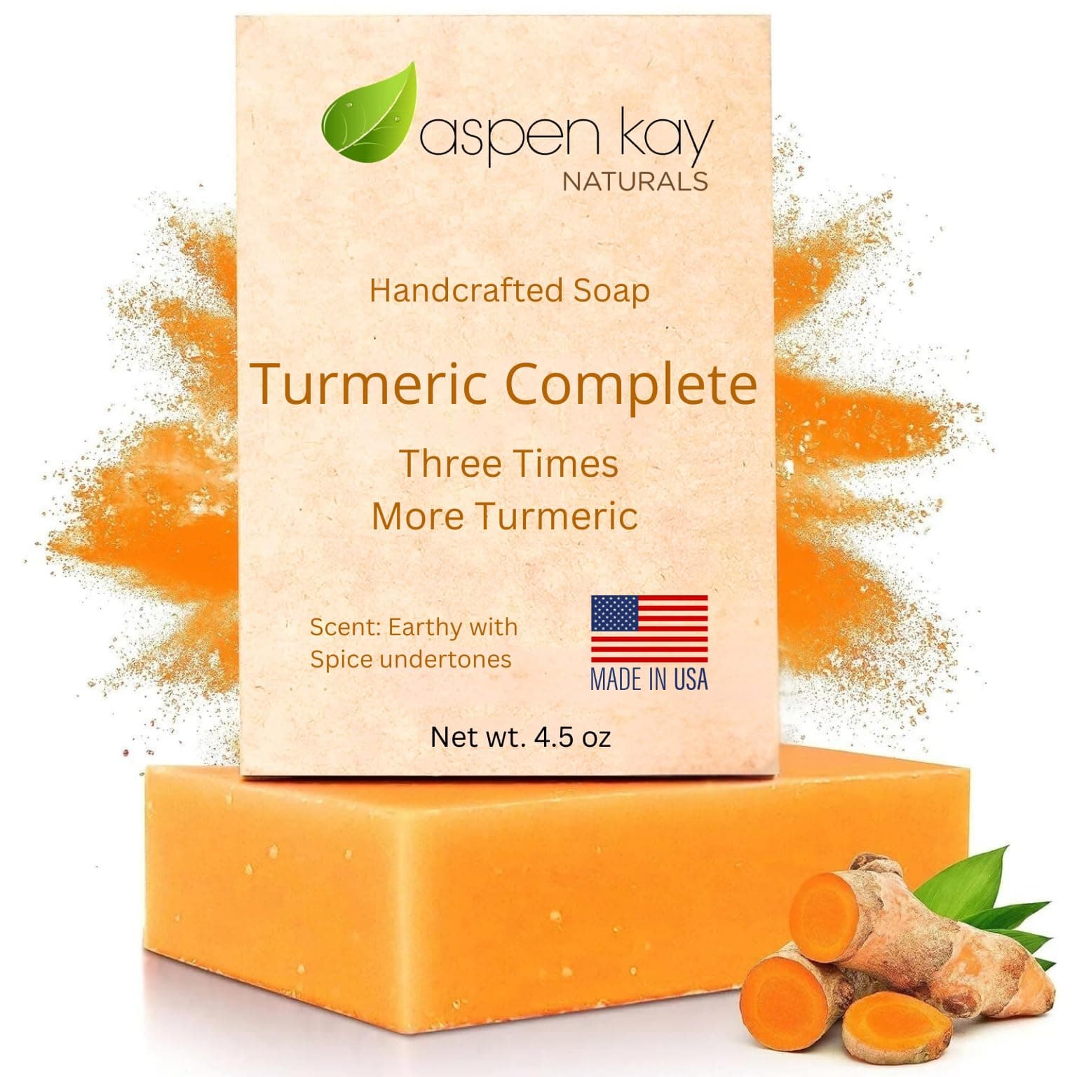 - Aspen Kay Naturals Turmeric Soap for Face & Body - With Organic Shea Butter, Chamomile & Calendula - Gentle Turmeric Face Wash, All Skin Types, Made in USA 4.5 oz Bar