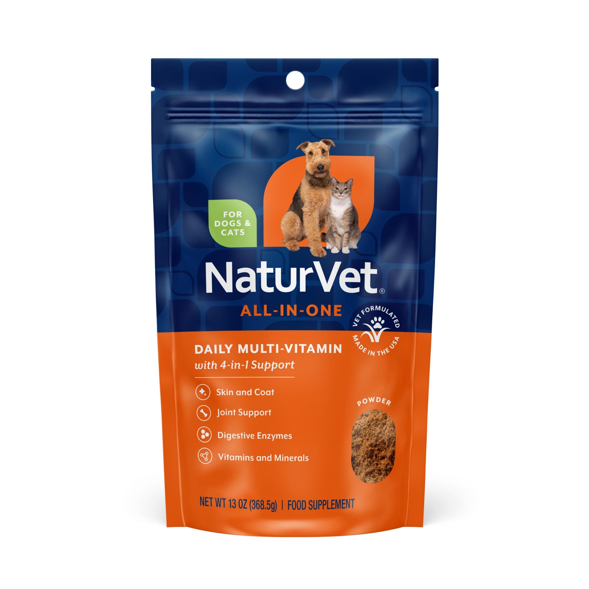 NaturVet All-in-One Dog Supplement - for Joint Support, Digestion, Skin, Coat Care – Dog Multivitamins with Minerals, Omega-3, 6, 9 – Wheat-Free Vitamins for Dogs – 13-Ounce Powder