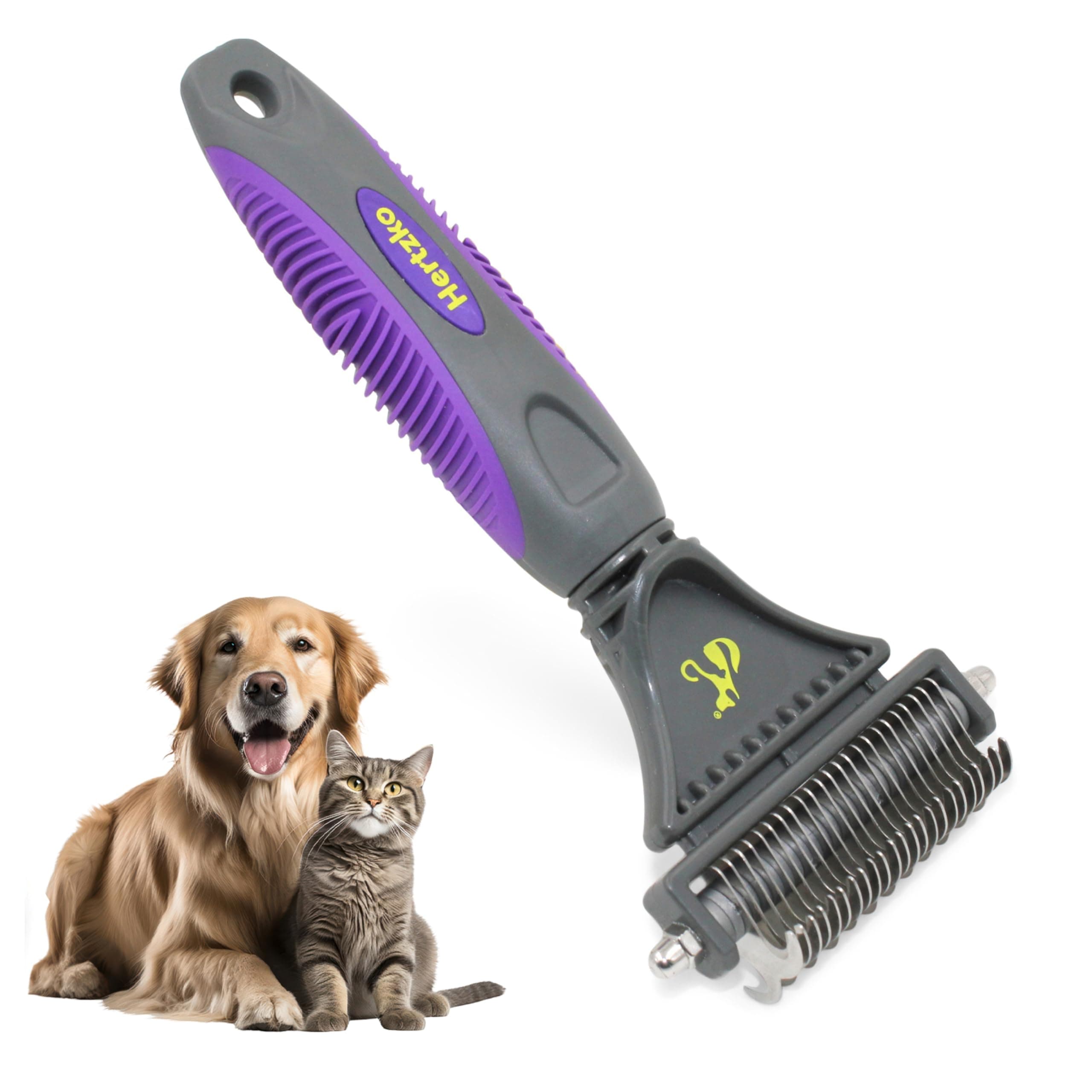 Hertzko Double-Sided Dog and Cat Dematting Comb: Pet Grooming Tool for Removing Loose Undercoat, Mats, and Tangled Hair - Doodle Dematting Comb, Self-Cleaning (Purple)