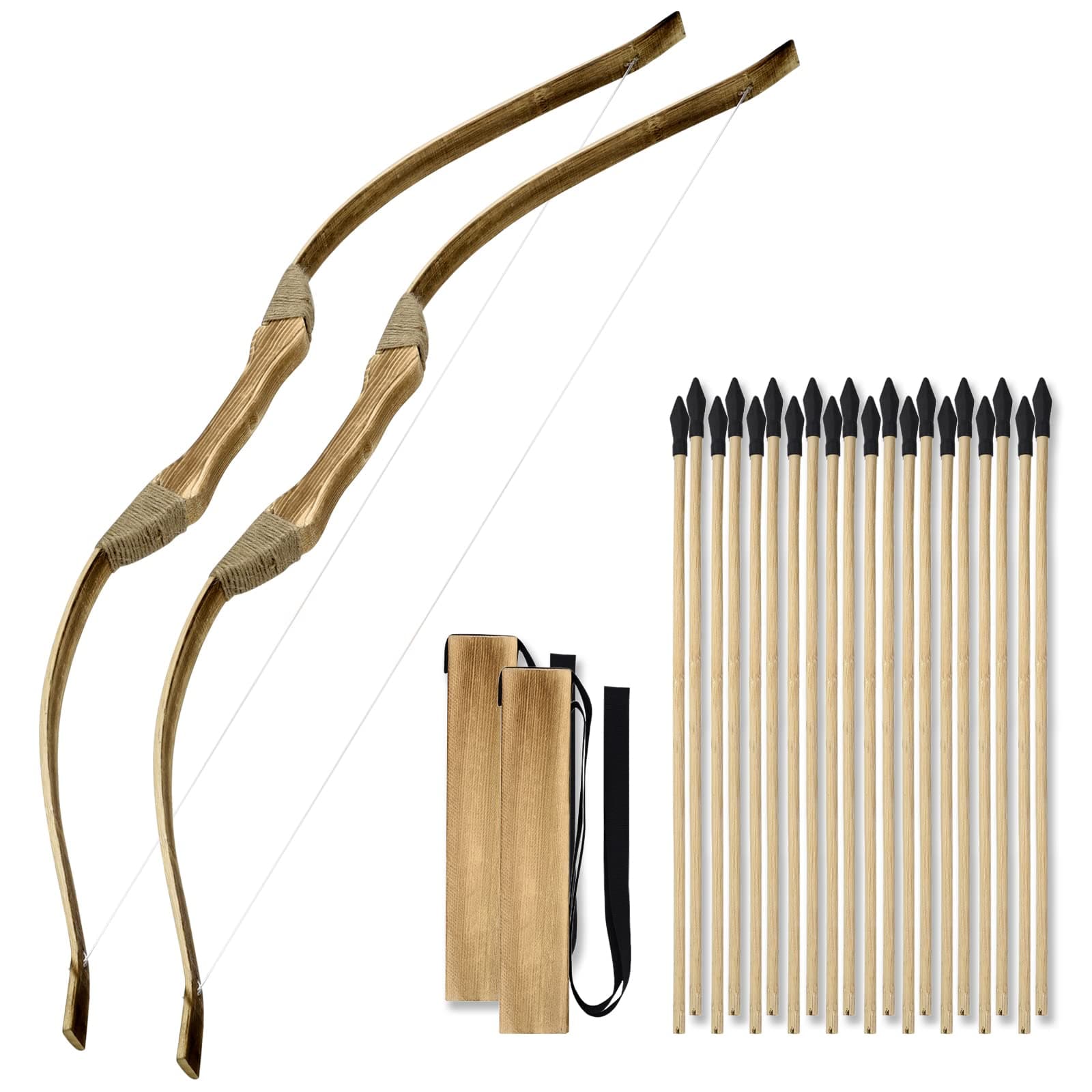 2 Pack Kids Bow and Arrow Set, 32 Inch Archery Set Handmade Wooden Toy Bow and Arrow for Kids 4-6 8-12, Cosplay Game Costume Prop Play, 2 Bows 2 Quivers and 20 Wood Arrows, Gifts for Youth Boys Girls