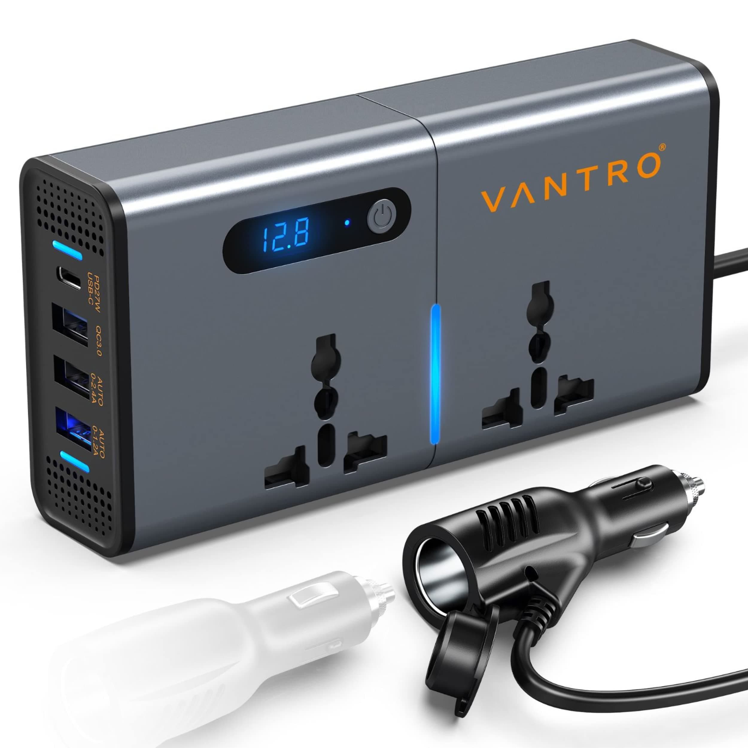 Vantro 200W Car Power Inverter/Laptop Charger with 3 USB (6.2A Max) & 1 C Type(1 * 27WPD) Smart USB Ports, 2 AC Universal Outlets and 12V DC to 220V AC with QC3.0 Model P2
