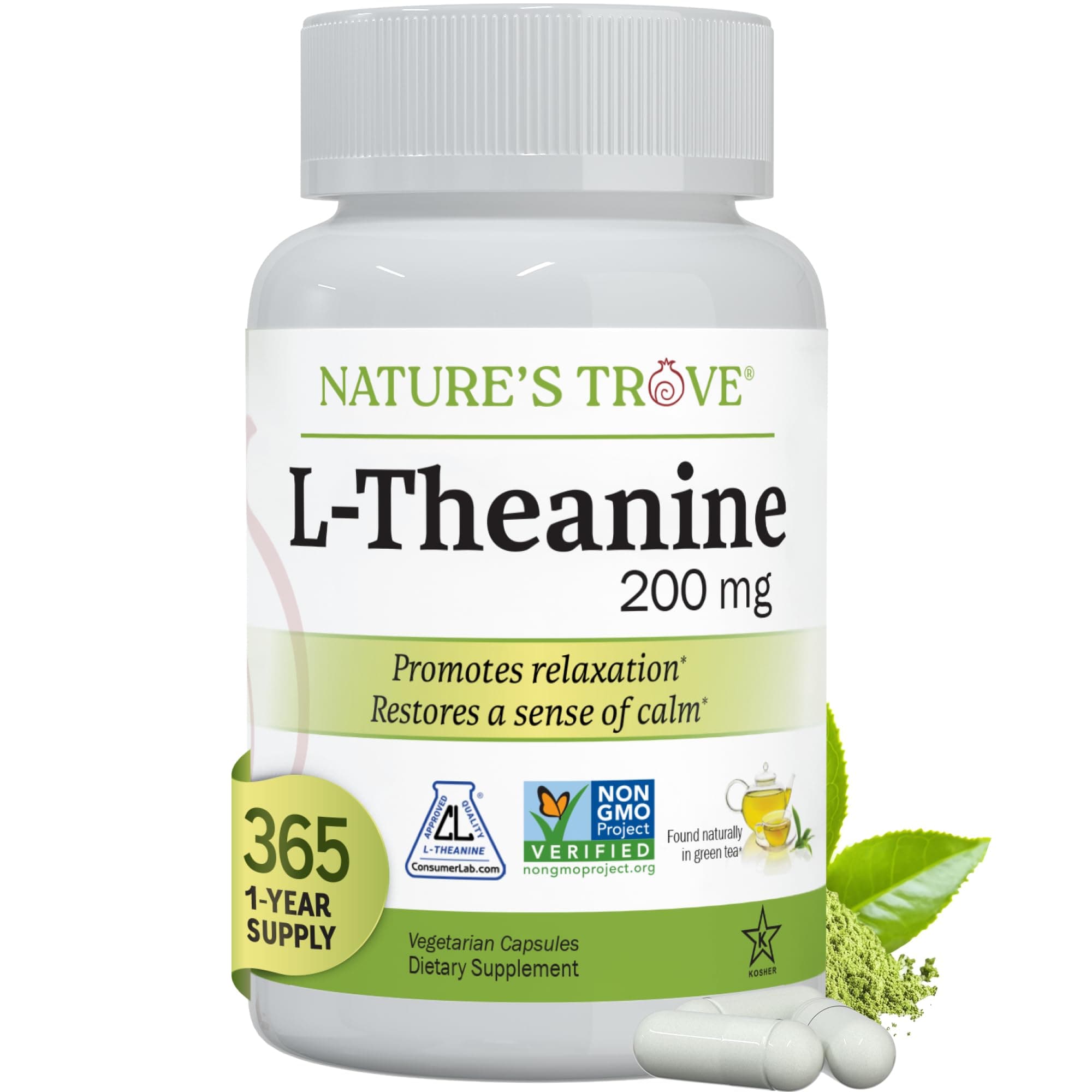 Natures Trove L-Theanine 200mg Super Value Size - 365 Vegetarian Capsules