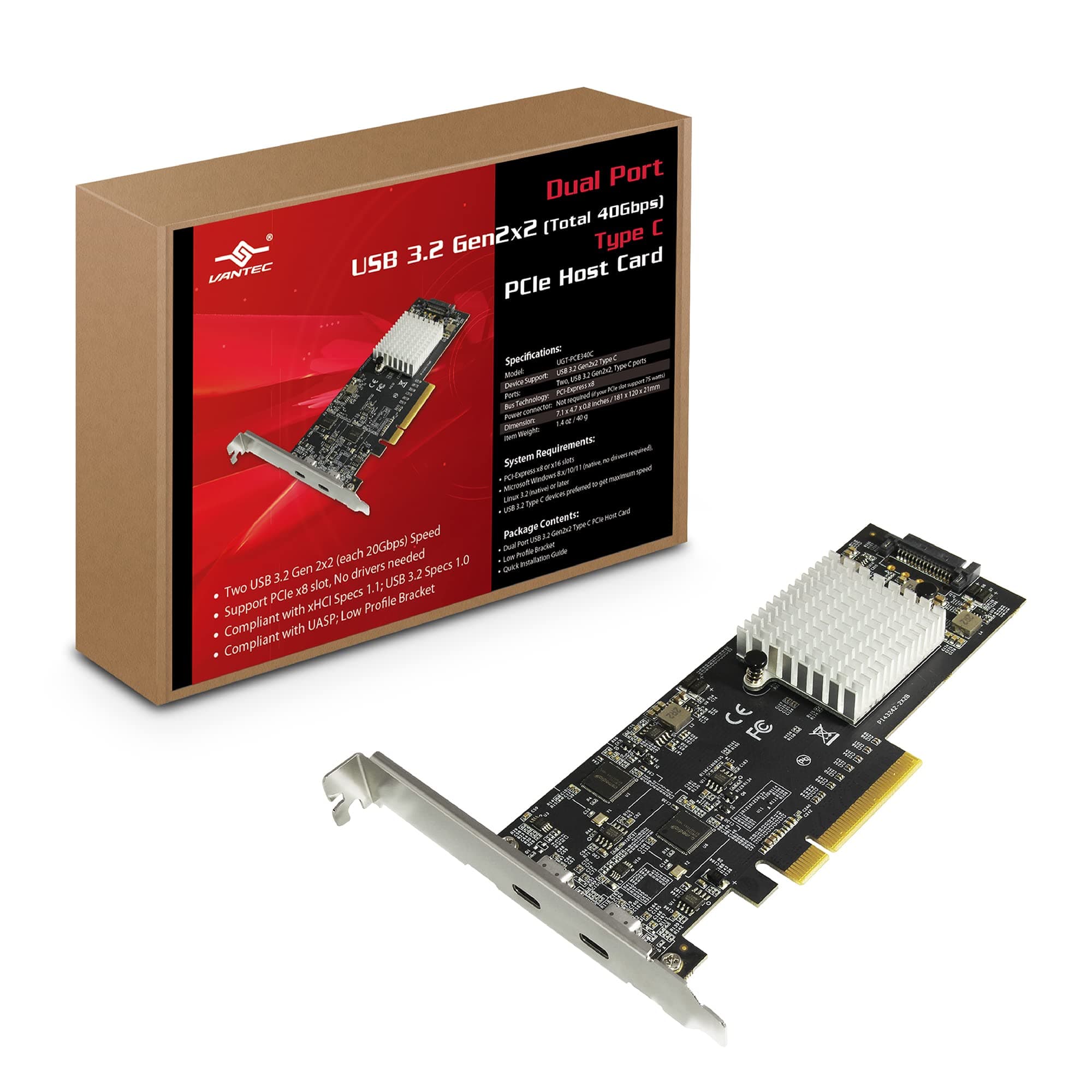 Vantec Dual Port USB 3.2 Gen2x2 (2x20Gbps) Type C PCIe Host Card, 15Watts per Port, PCIe v2.0 x8, Two USB C Dedicated Ports (UGT-PCE340C)