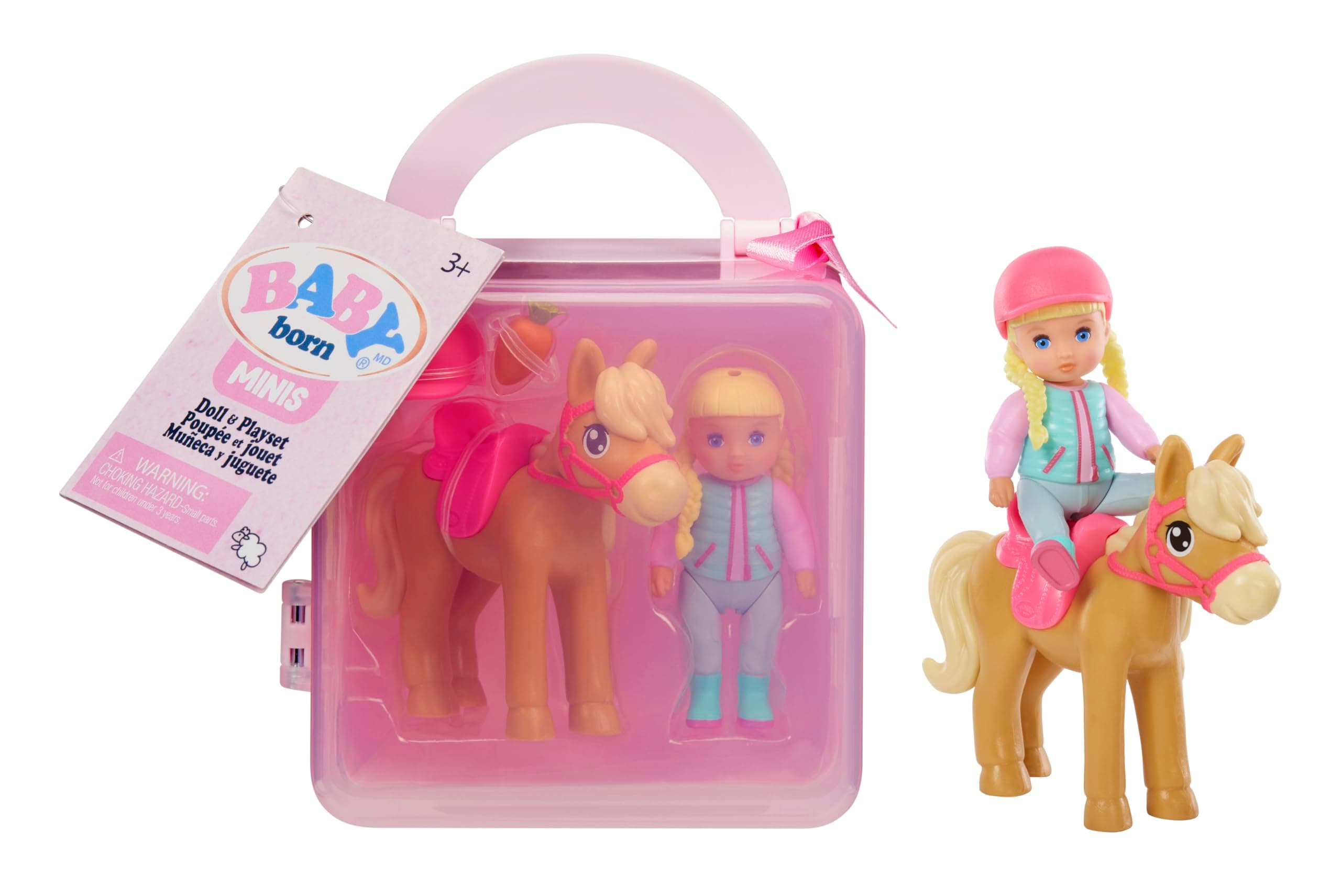 Baby BornMINIS Playset - Light Skin Tone Doll with Blue Eyes, Horse with Helmet & Carrot Accessory, Includes Reusable Carrying Case for On-The-Go Playtime