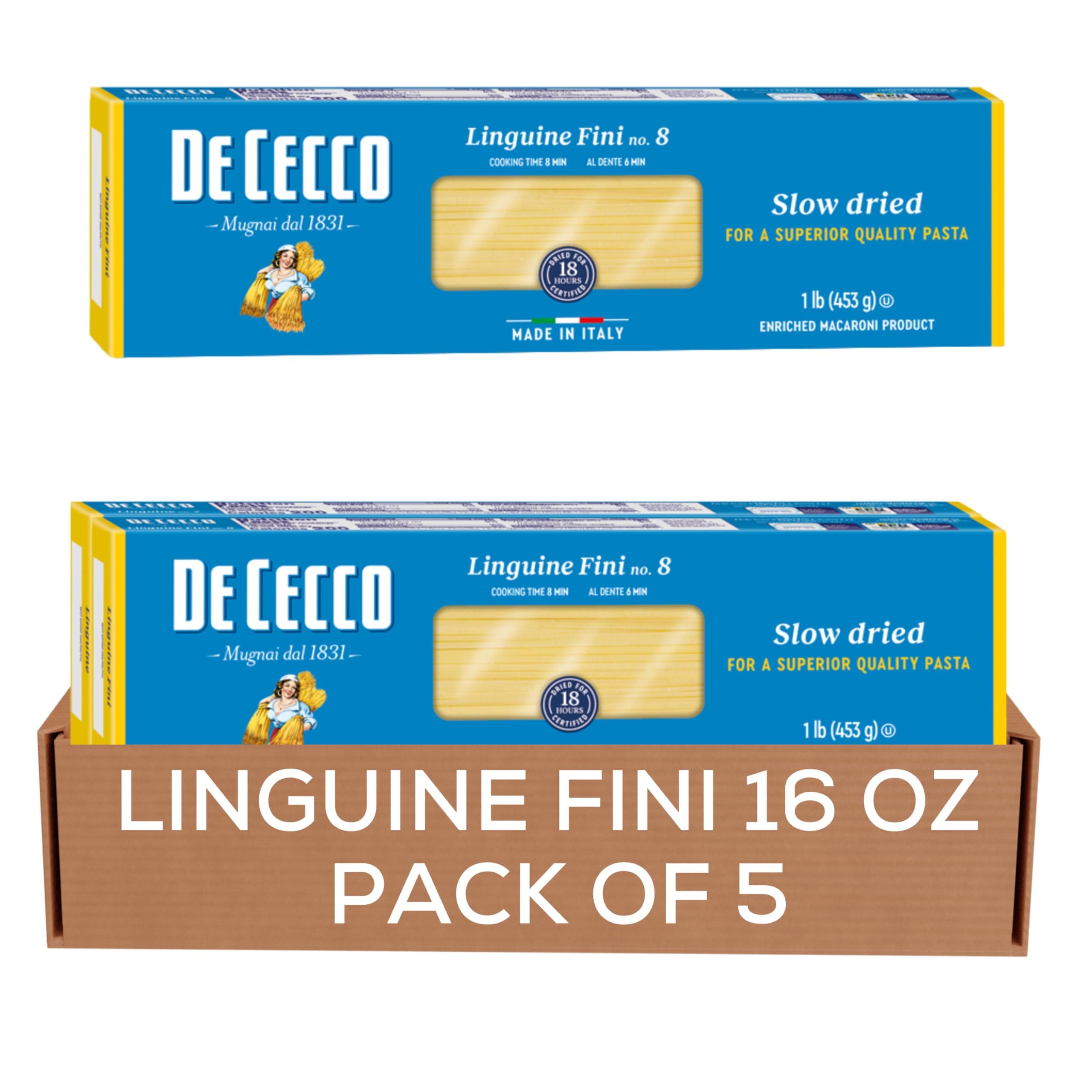 Linguine Fini No. 8 Pasta, 16 Oz (Pack of 5), Authentic, Slow Dried, Made with Durum Wheat, Versatile Pasta for Sauces & Recipes, Made in Italy
