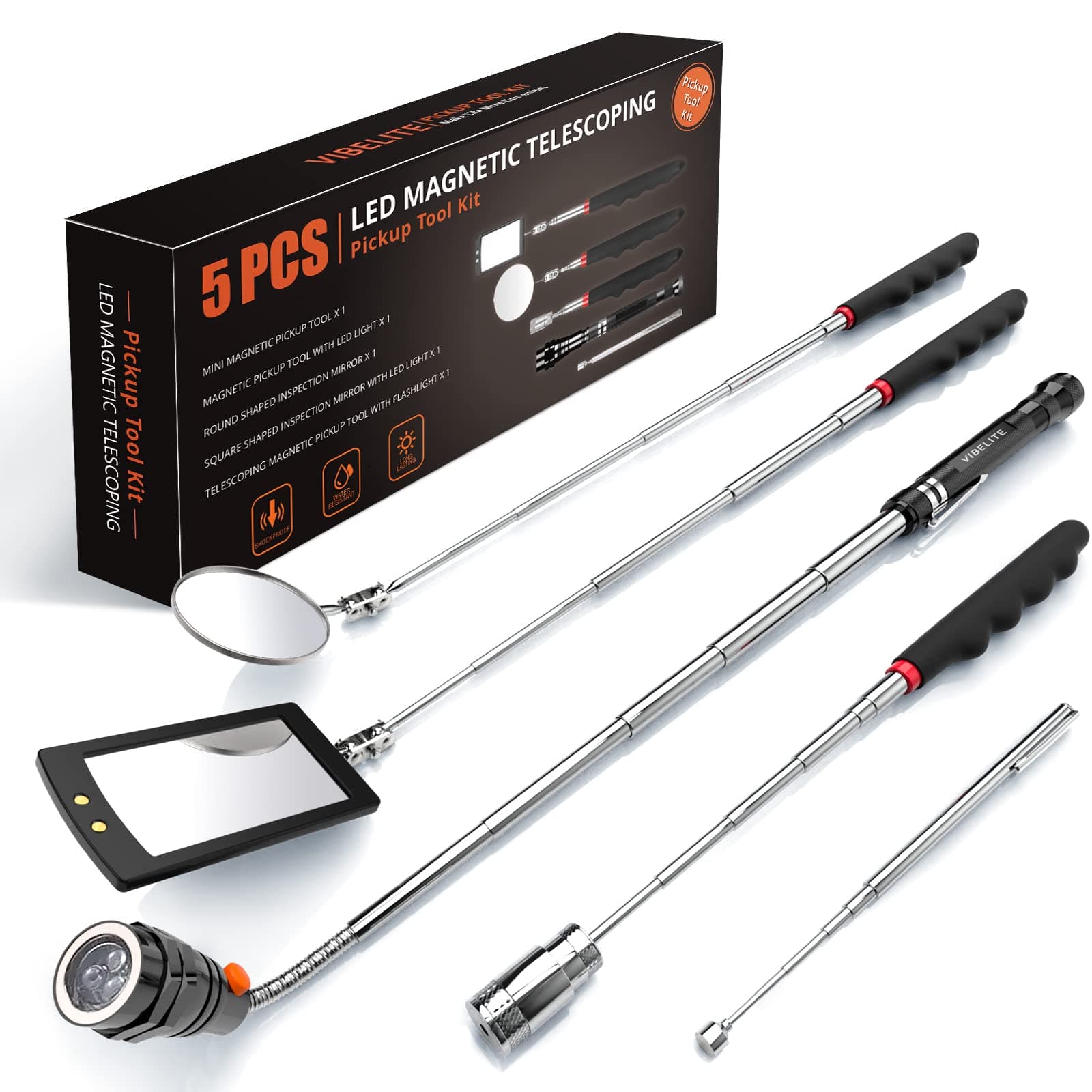 VIBELITE Telescoping Magnetic Pick Up Tool with 1lb& 15lb Pickup Rod, Round& Square 360 Swivel Adjustable Inspection Mirror, Flexible LED Flashlight, Gifts for Men, Women, Him, Birthday Gifts for Men