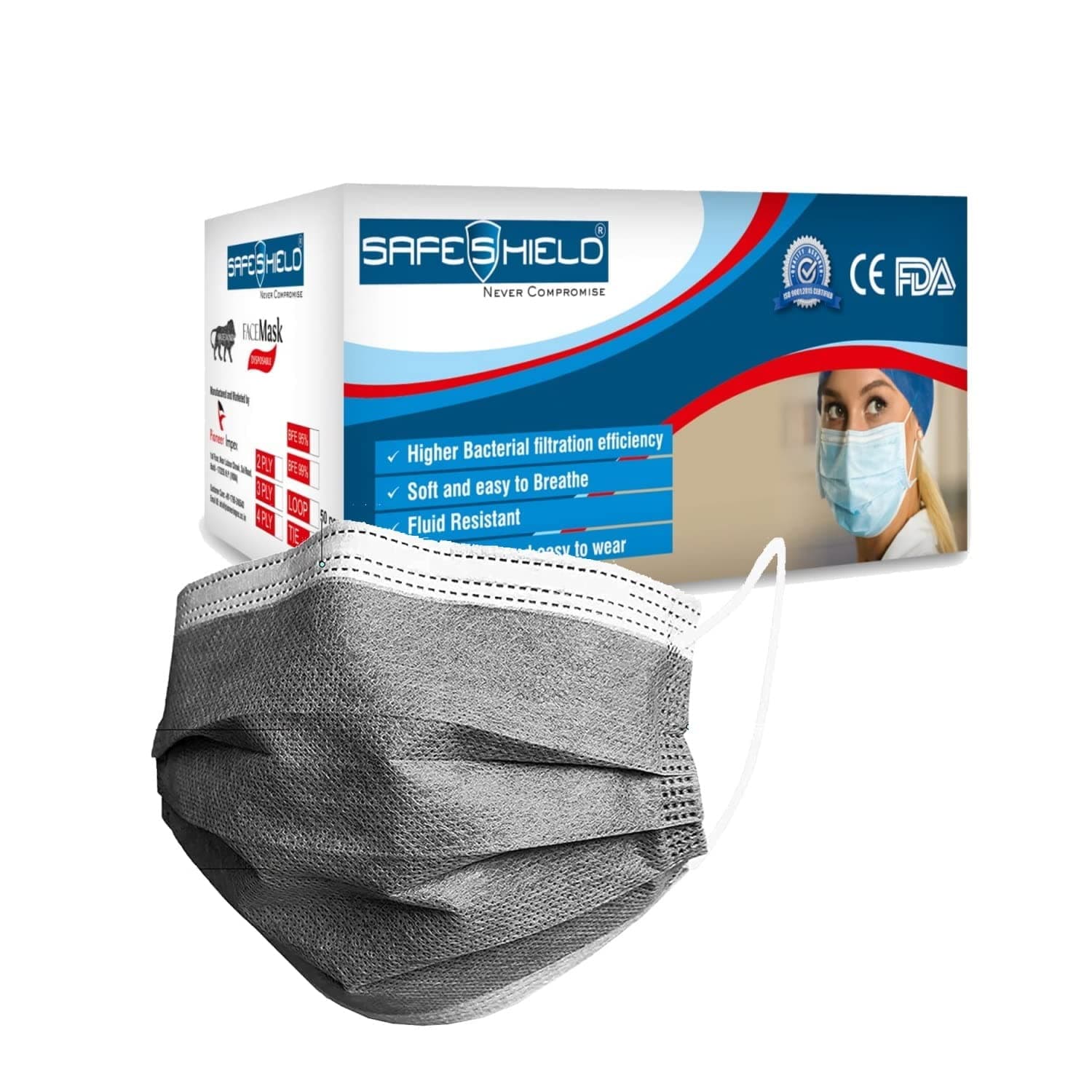Kashi Surgicals | Safeshield | 4 Ply Activated Carbon Mask with Meltblown Filter Layer, Adjustable Nose Pin, Disposable Surgical Mask (Use and Throw, Grey, Without Valve, Pack of 50)