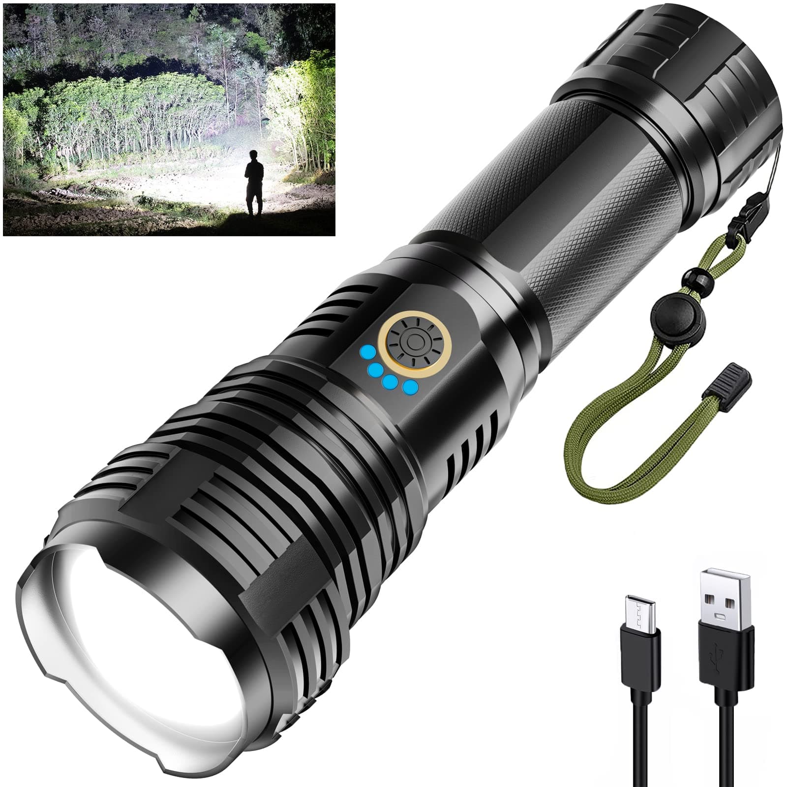Rechargeable Led Flashlights, 100000 High Lumens Flashlight, XHP70.2 Brightest Tactical Flashlight with Zoomable, 5 Modes, IPX7 Waterproof Super Bright Flashlight for Camping, Hiking, Emergencies