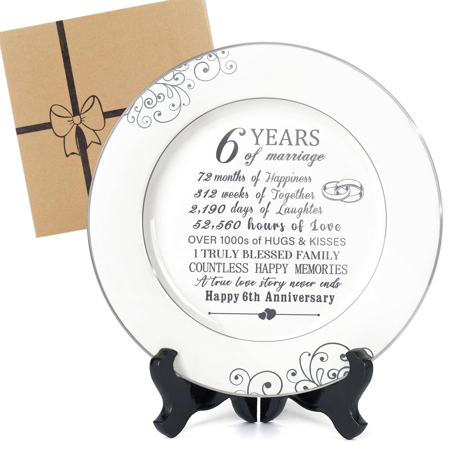 Iron Gifts for 6th Anniversary - 6th Anniversary Plate with Platinum Foil, 6 Year Anniversary Wedding Gift for Him Her Couples, 6th Anniversary Ideas Decorations, Ceramic Plate with Stand 9"