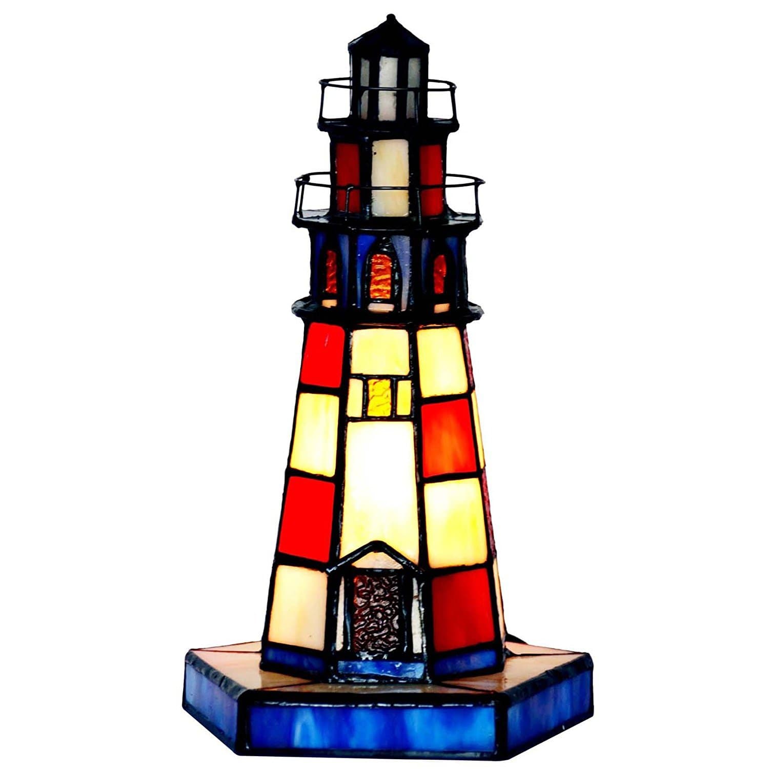 Bieye L11005 Lighthouse Tiffany Style Stained Glass Accent Table Lamp Night Light for Home Decoration (6x6x10, Red)