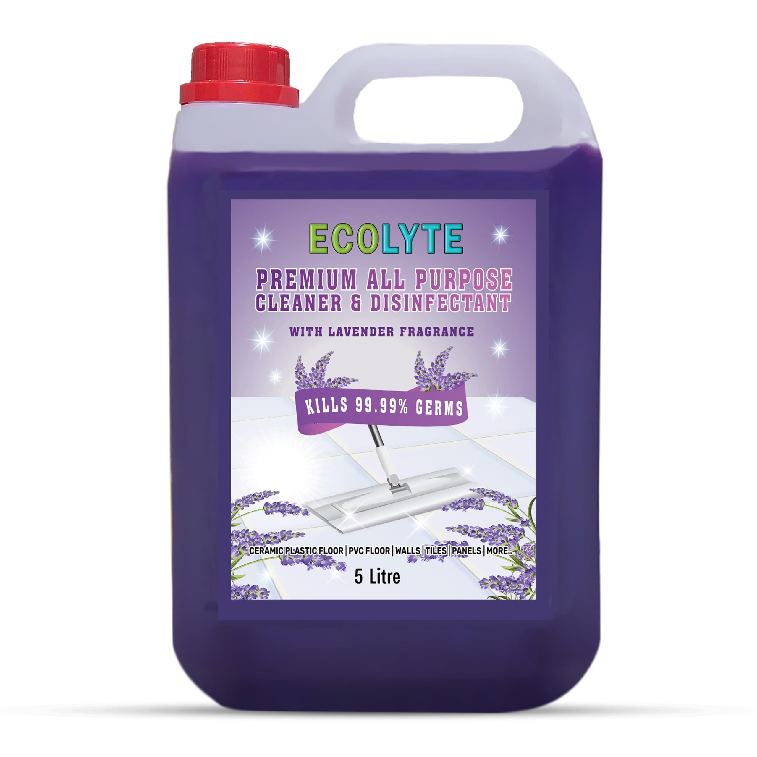 ECOLYTE+ Floor Cleaner, Premium All Purpose Cleaner Plus Disinfectant, for Hospital, Home, Office & Commercial Use for Dirt, Stains & Germs, Floor Cleaning (Lavender, 5 Liter)