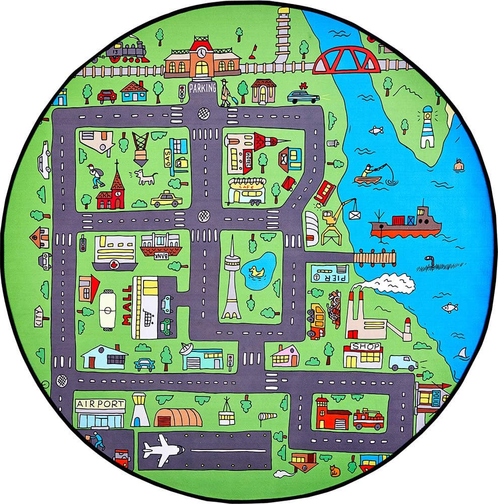 GABWE Play Mat for Kids Crawling Mats Round Rug City Life Carpet for Bedroom Playroom Kidroom Classroom Diameter 63"
