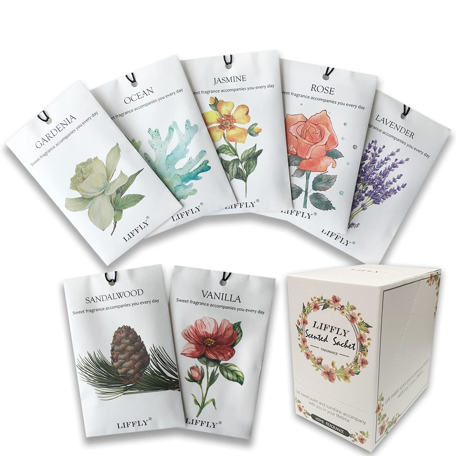 LIFFLY14 Packs Scented Sachets for Drawers and Closets Lavender, Rose, Jasmine, Ocean, Vanilla, Sandalwood, Gardenia 7 Scent