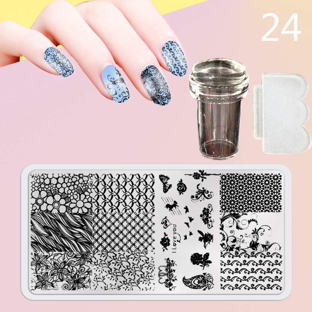 Macxy - New 12X6cm 44 Style Nail Stamping Plates Set Made Stencils Lace Flower DIY Nail Art Templates+Transparent Stamper Stamp Scraper [ 24 ]