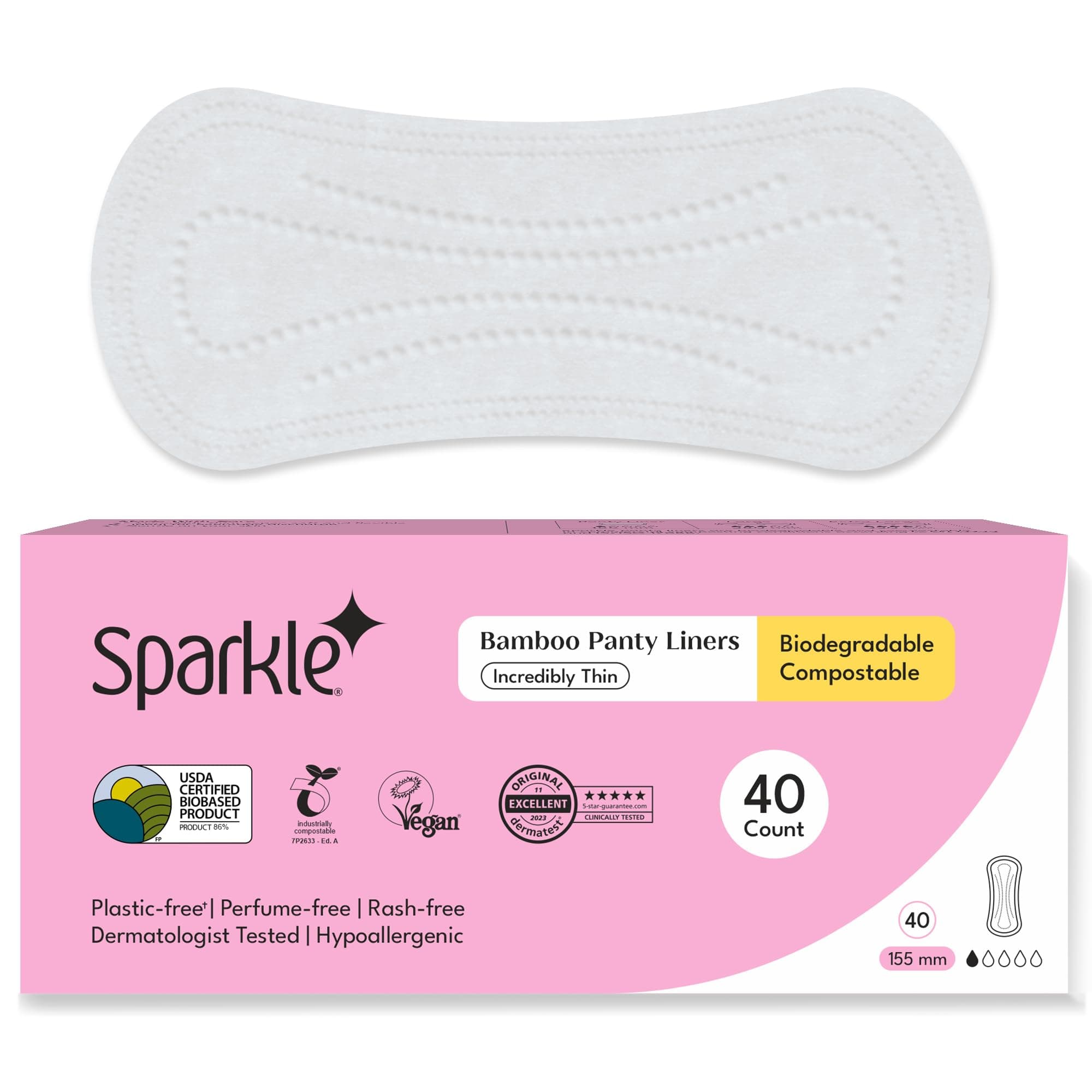 Sparkle Bamboo Panty Liners for Women, Plant-Based Daily Pantyliners | Organic Panty Liner | Pads for Women | Softer Than Cotton Panty Liners | Unscented, Chlorine Free, Flexible (Incredibly Thin, 20 Count)