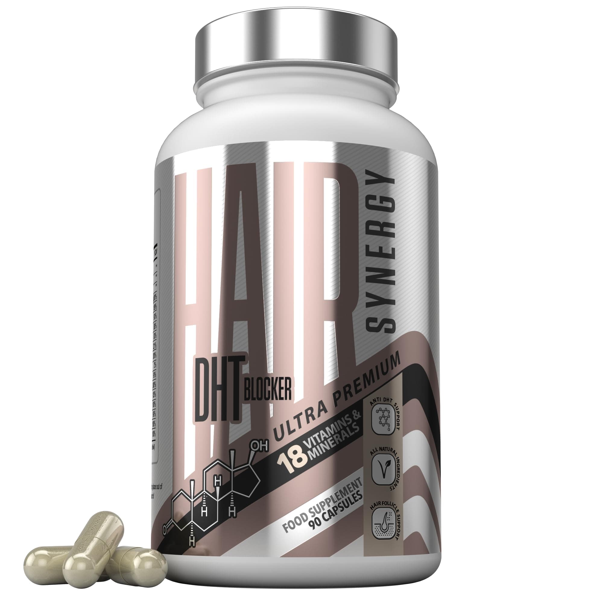 Ultra Premium DHT Blocker Hair Growth Vitamins β Hair Synergy, The UKβs #1 Hair Thickening DHT Blocker Hair Growth Supplements for Women & Men | 10,000mcg Biotin Tablets, Pumpkin Seed Oil, 90 Capsules