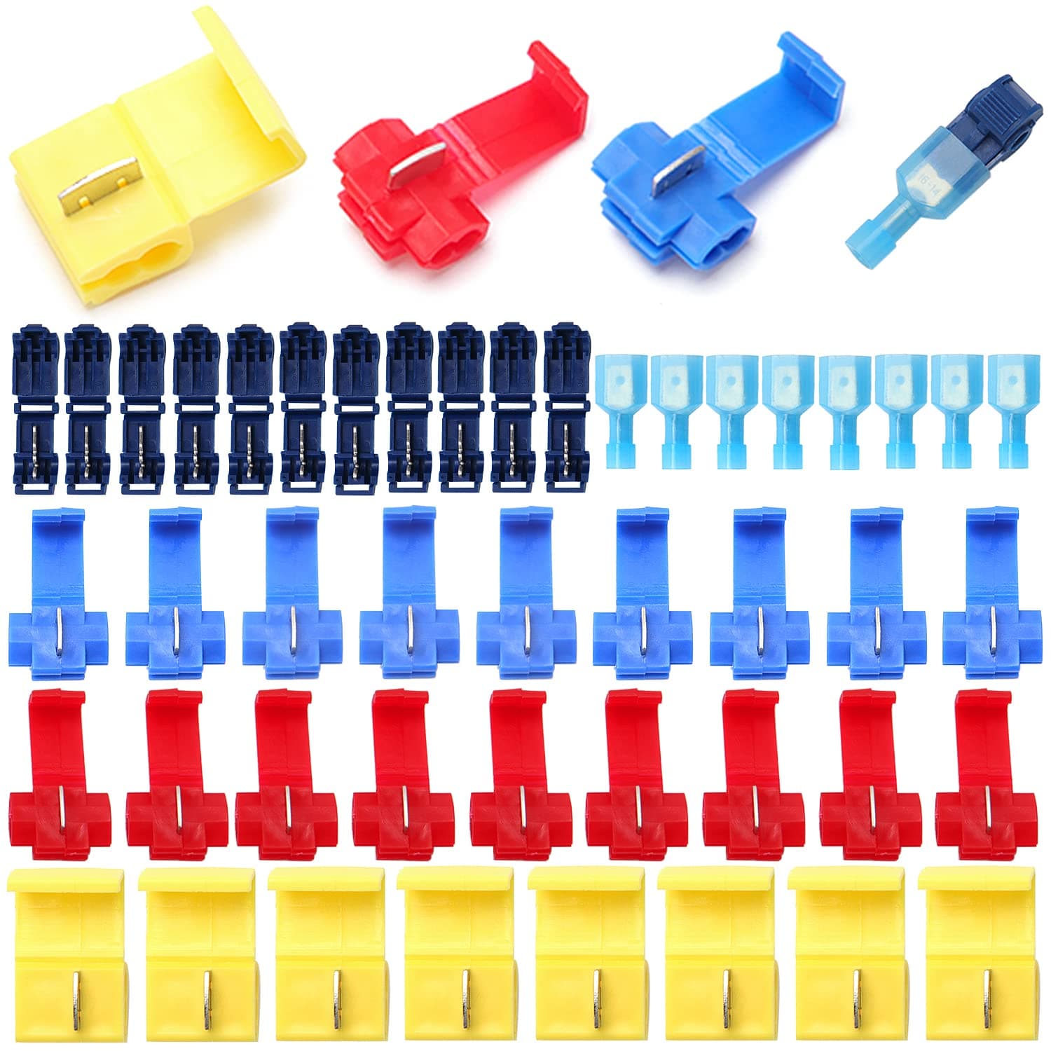 YIXISI 70 PCS Quick Splice Electrical Wire Connectors, T-Tap Electrical Connectors, Branch Connectors, Insulated Self-Stripping Crimp Spade Connector Set (Red, Blue, Yellow, Dark Blue)