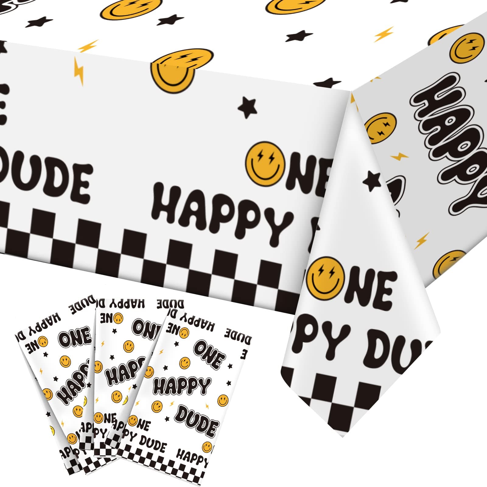 Newwiee3 Pcs One Happy Dude Birthday Party Tablecloths 51 x 108 Inch One Happy Dude Table Cover Smile Face Plastic Table Cloths Party Decor 1st Birthday Baby Shower Supplies