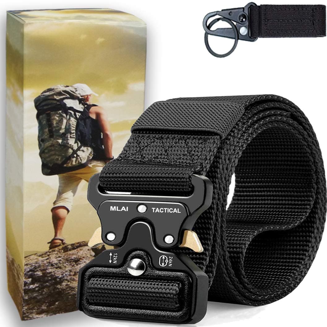 Tactical Belts for Men Nylon Belts for Men Heavy Duty Webbing Belt Military Belt Style Quick Release Belt with Adjustable Army/Police/Women Kids/Key Ring (a Black, S(Waist 30''-36''))