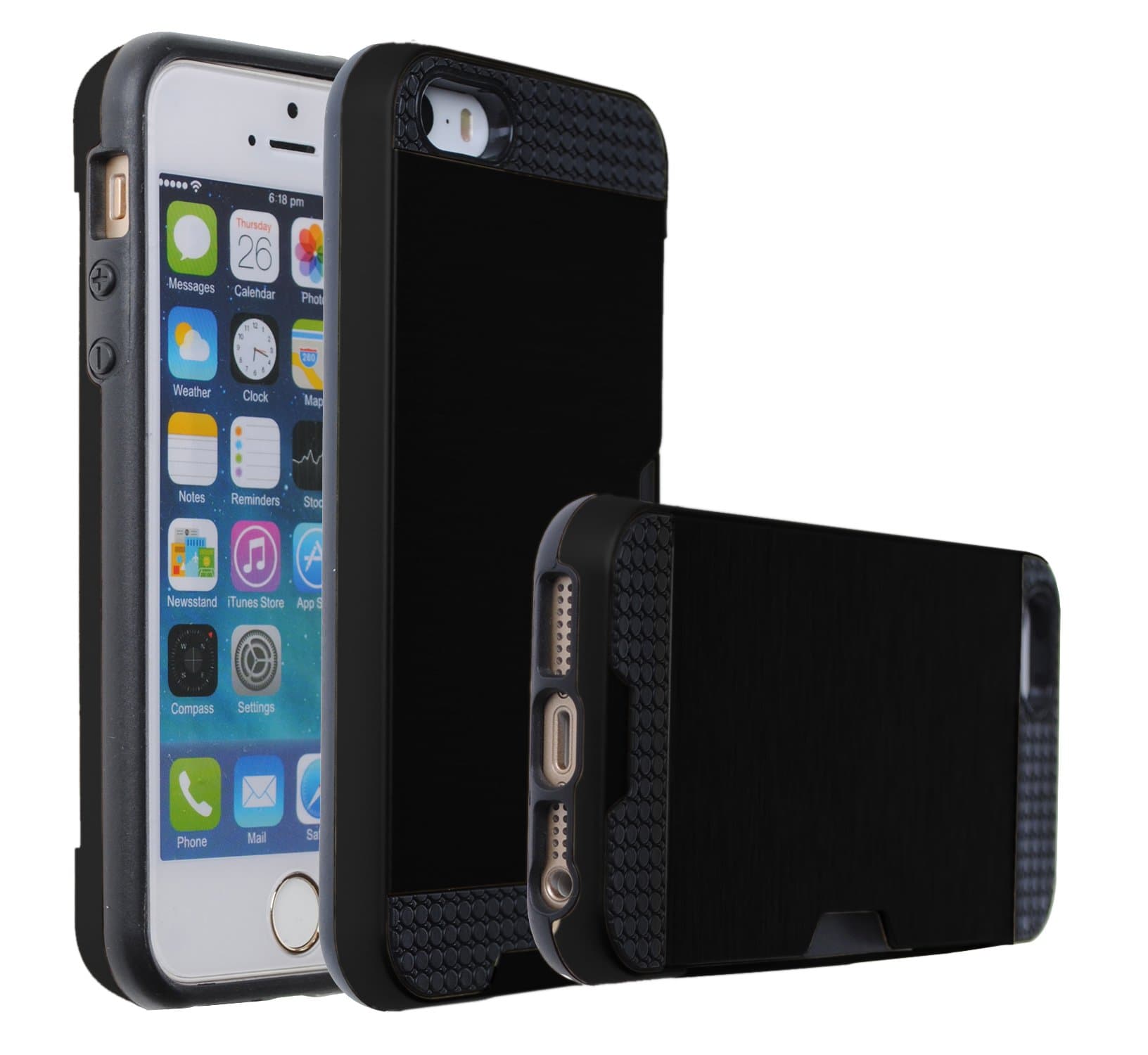 Case Art Plus [Full Degree Protection] Transparent Tempered Glass Screen Protector Film + [Card Slot Bumper] Super Slim Fit Light Case for iPhone 5/5S (Black)