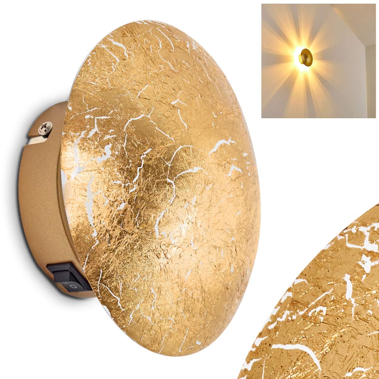 Wall lamp Mezia, Round Metal wall lamp in Gold with Play of Light on the wall, 1 x G9, Indoor wall Light with ray Effect in Gold Leaf Optic, Without Bulbs