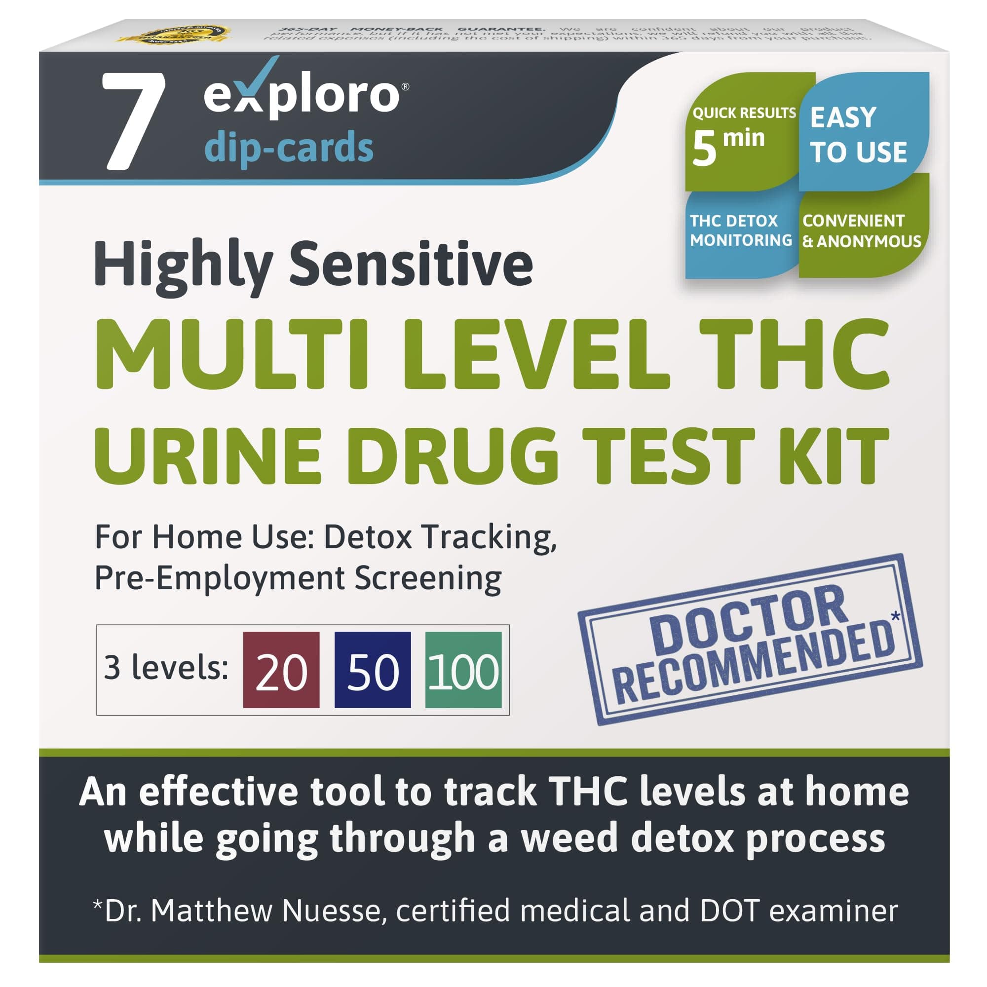 Exploro Multi Level THC Drug Test Kit – 3 Level Marijuana & Weed Test at Home (20, 50, 100 ng/ml) – Urine THC Test Strips for Detox Cleanse Monitoring, Pre-Employment & Personal Use (Pack of 7)