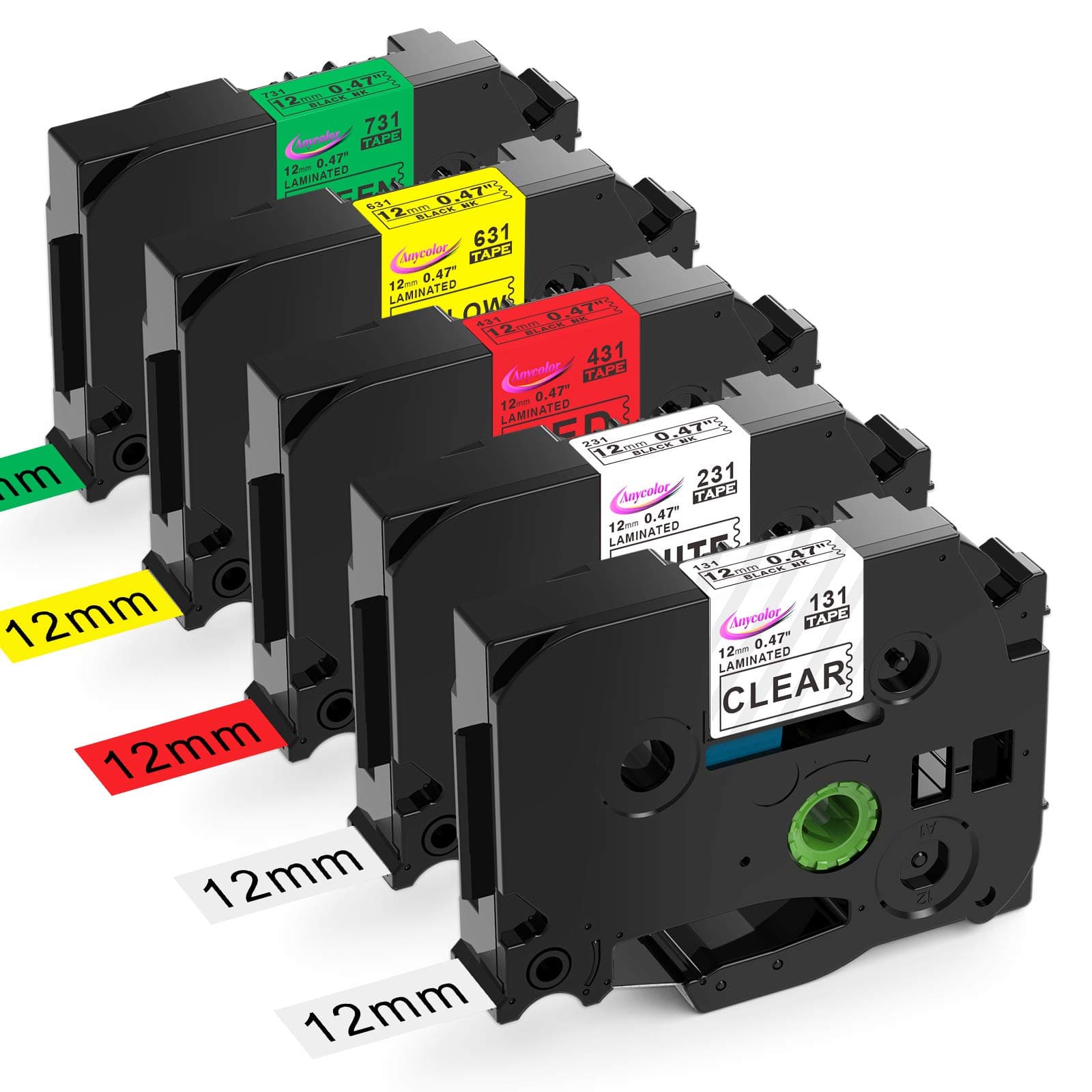 Anycolor Compatible Label Tape Replacement for TZe Color Label Tape 12mm 0.47 inch TZe-231 TZe-131 TZe-431 TZe-631 TZe-731 for PT-D210 PT-H100 PT-D400, 5-Pack