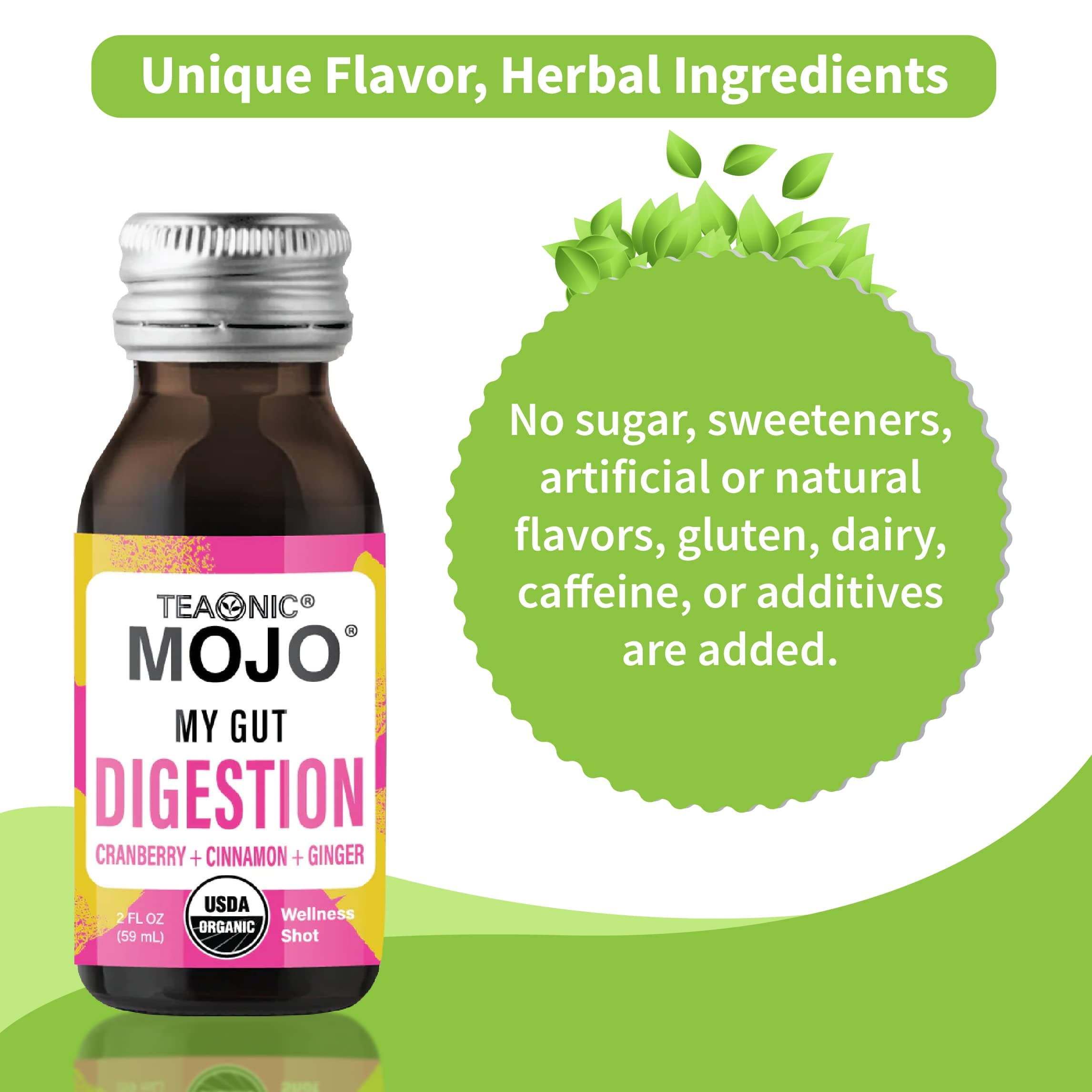 TEAONIC My Gut Mojo: Digest, Detox Drinks For Better Digestion, With Cranberry, Ginger, Cinnamon, USDA-Certified, Sugar-Free, Caffeine-Free Drinks, 12 Bottles, Each Weighing 2 Fl Oz