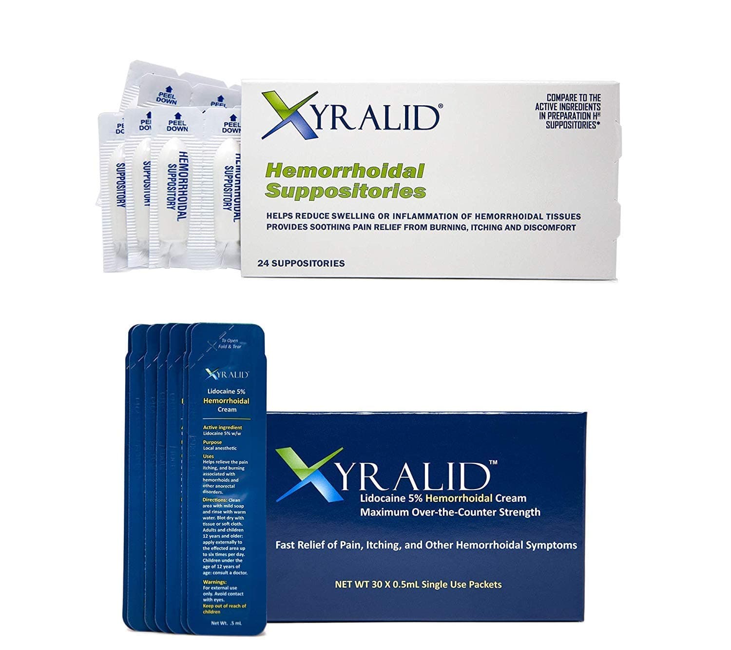 Xyralid® Hemorrhoidal Cream & Suppository Bundle - Reduce Swelling or Inflammation of Hemorrhoidal Tissues Provides Soothing Relief from Burning, Itching & Discomfort (30 sachets + 24 Suppositories)