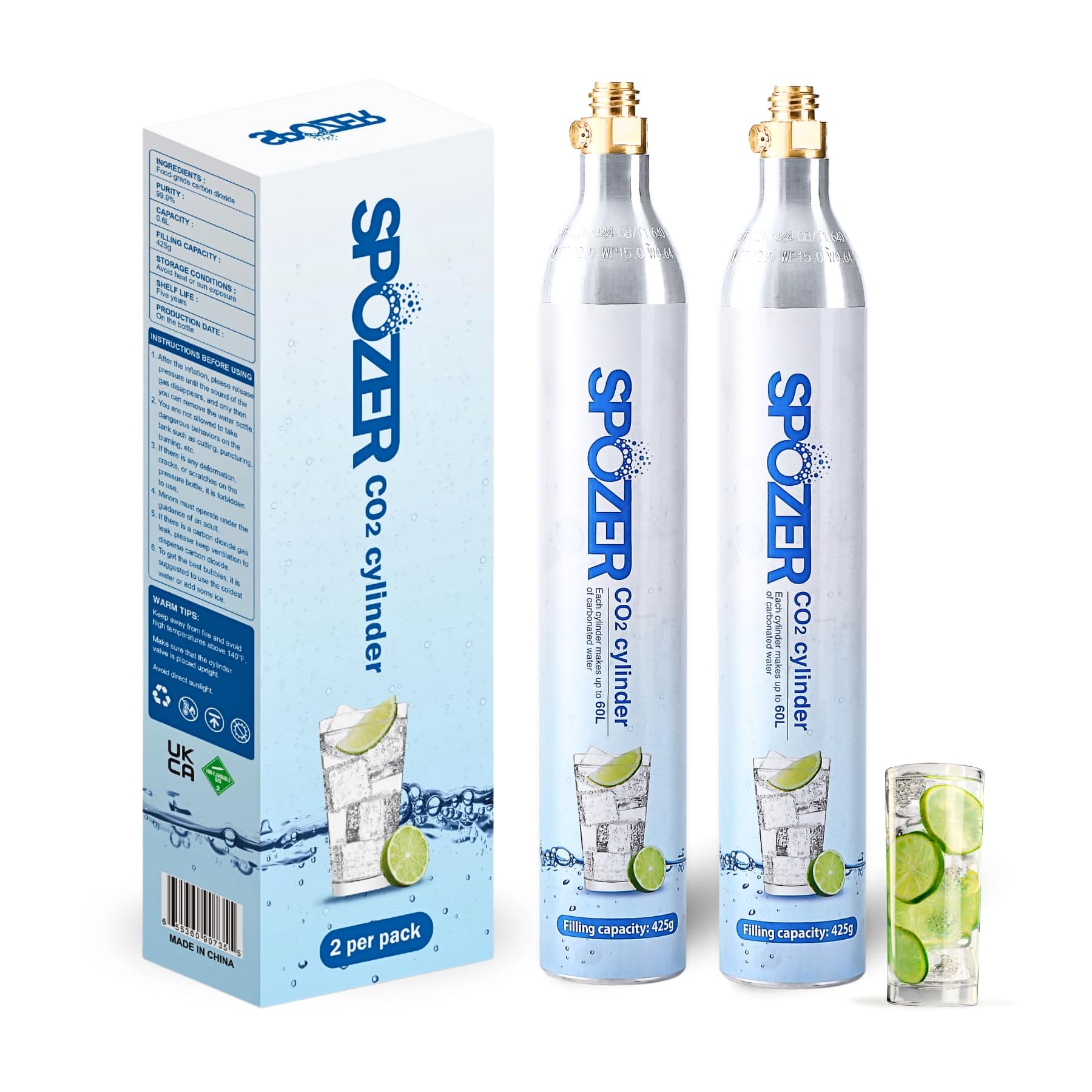 60L CO2 Cylinder for SodaStream, CO2 Canister Threaded Cylinders Compatible w/All Threaded 'Screw-In' Soda Makers, FIZZ, ONE TOUCH, JET, etc. - Set of 2