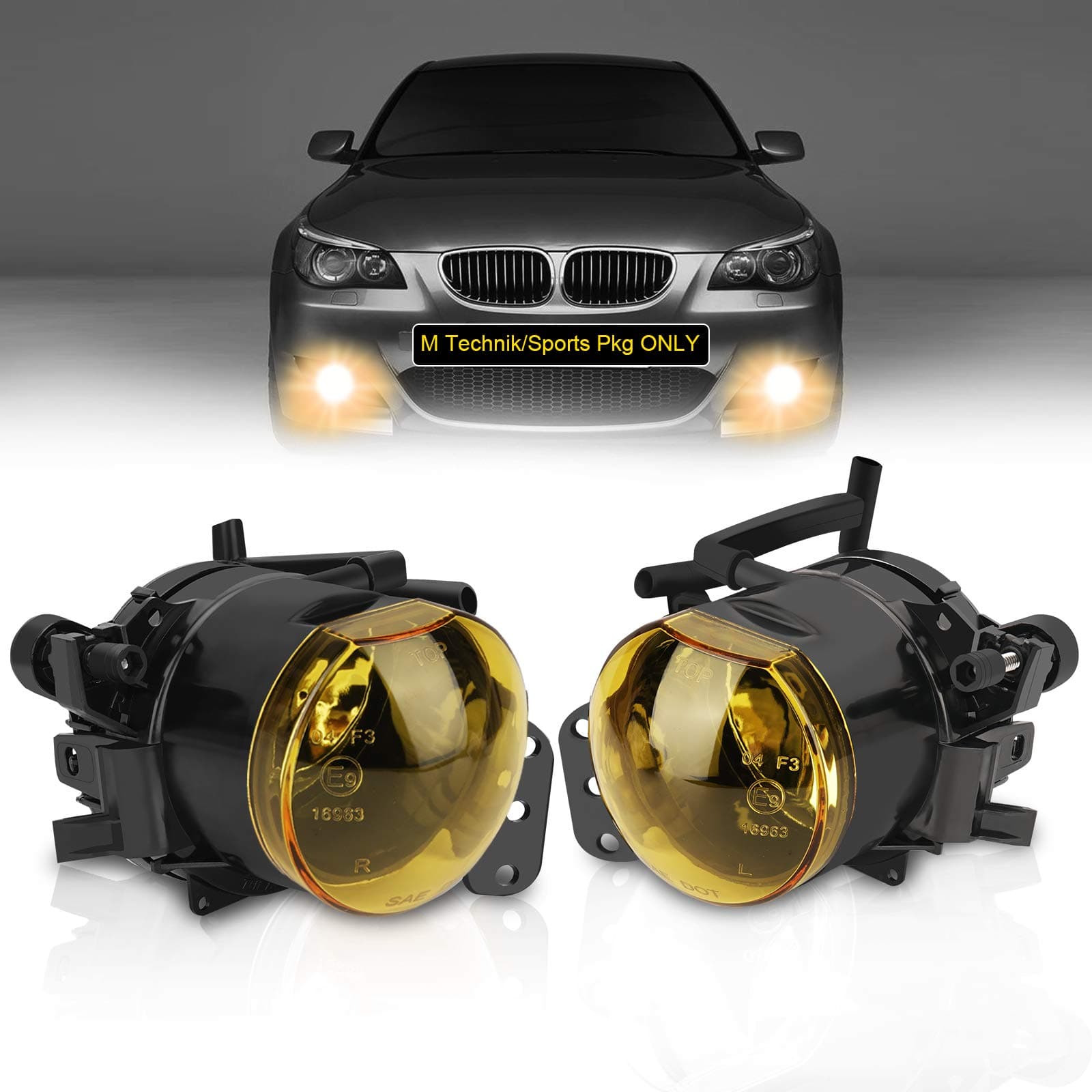 TangMiGe Fog Lights Lamps for 2004-2010 BMW 5 Series (E60 E61, 525i 525xi 528i 528xi 530i 530xi 535i 535xi 545i 550i), All For M-package/Technik Sports Package Bumper Models Only, 1 Pair, Yellow Lens