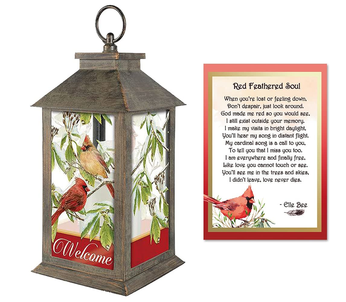 Lola Bella Gifts and Carson Gifts Cardinal Welcome Memorial Decorative Lantern with Red Feathered Soul Poem Grief Sympathy Gift with Box