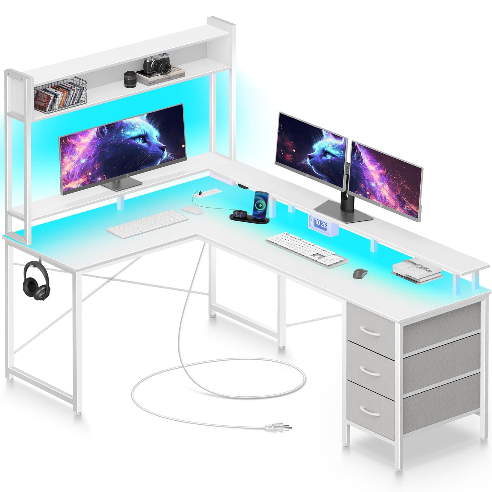 Seventable L Shaped Gaming Desk with Drawers, Reversible Computer Desk with LED Lights & Power Outlet, Home Office Desk with Monitor Stand, Hook, Corner Desk with Storage Shelves, White