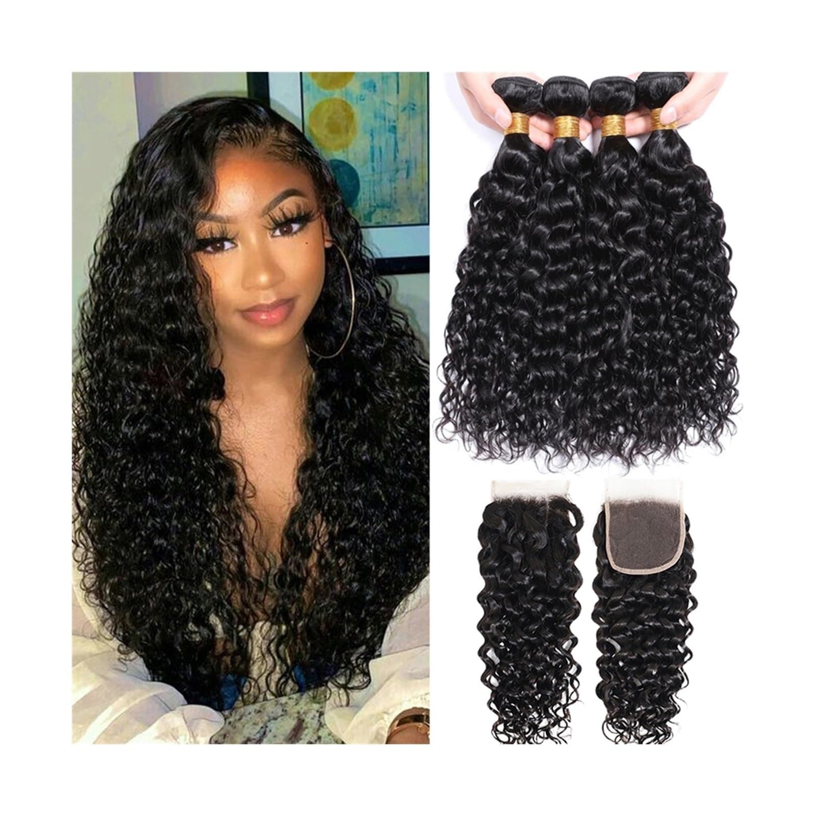 Human Hair Bundles 12A Indian Water Wave Bundles with Closure Wavy Curly Human Hair Bundles Remy Hair Weave 3 Bundles With Frontal 13X4 Hair Bundles (Size : 13"x4", Color : 18 18 18 Closure 16)