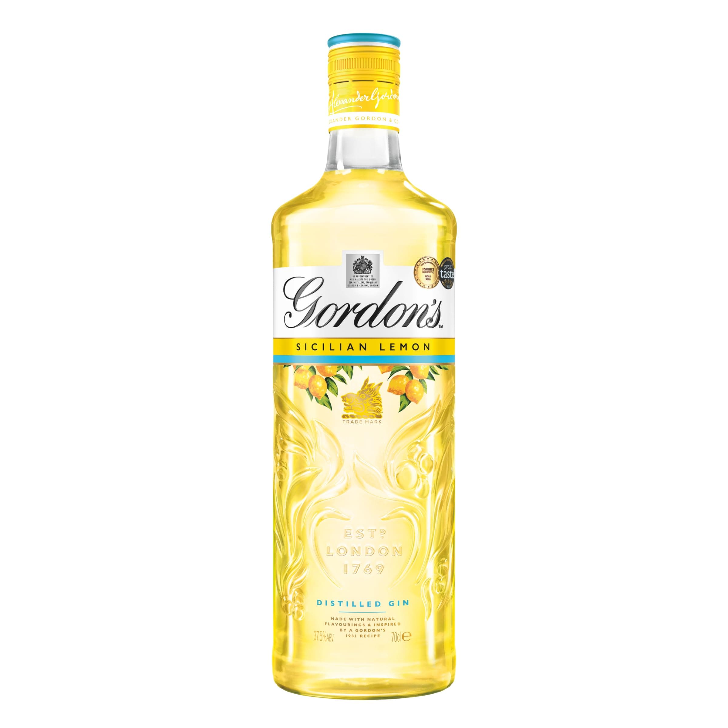 Gordon's Sicilian Lemon Distilled Gin | 37.5% vol | 70cl | Zesty Sicilian Lemons Balanced with Gordon's Gin Botanicals | Crisp Flavoured Gin | Enjoy in a Gin Glass with Tonic