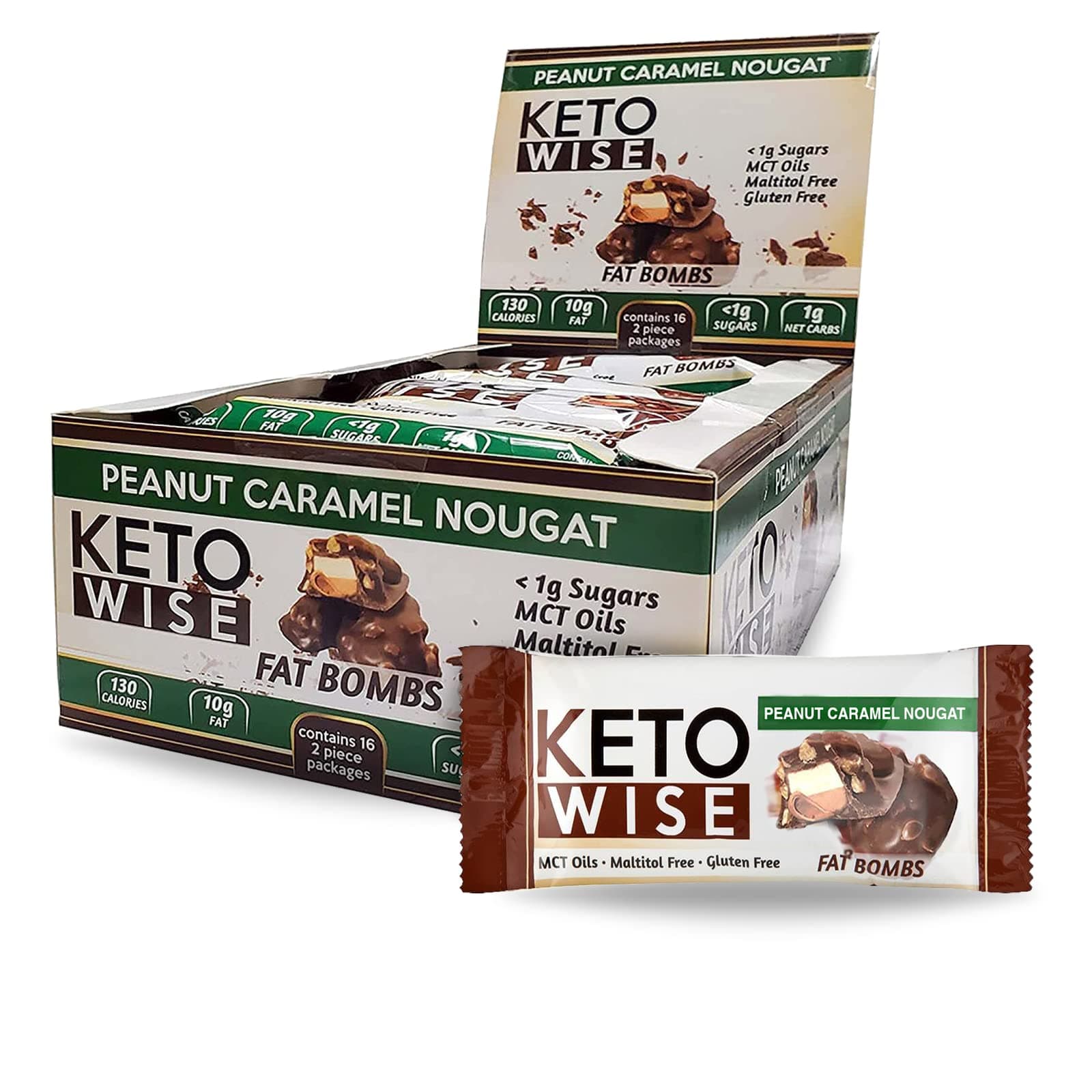 Fat Bombs - Made with Chocolate containing MCT Oil - Low Fat, Low Carb and Keto Friendly Snack - 7g Fat, 2g Net Carbs | Peanut Caramel Nougat, Pack of 16