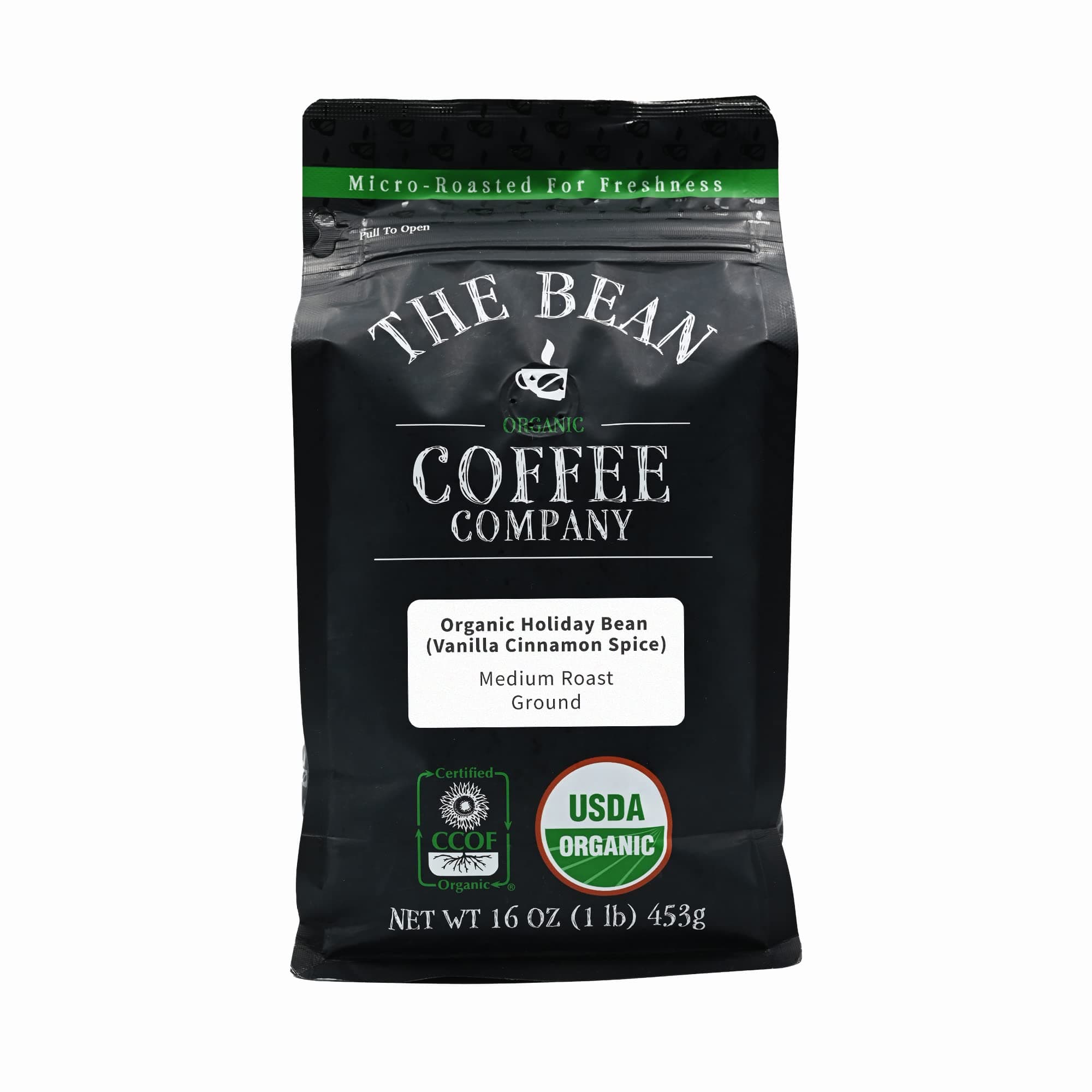 The Bean Organic Coffee Company Holiday Bean (Vanilla Cinnamon Spice), Medium Roast, Ground Coffee, 16-Ounce Bag, Café molido tostado orgánico
