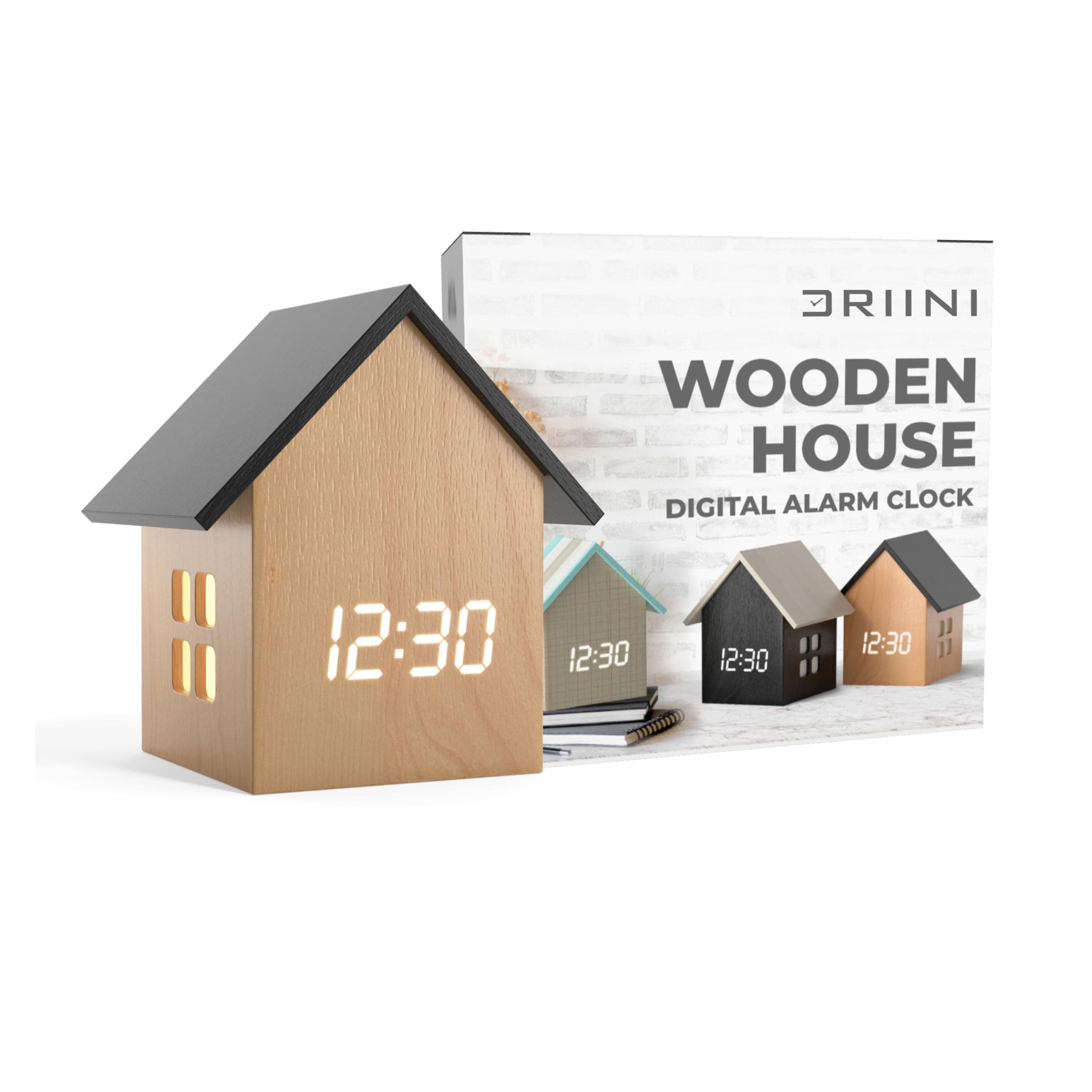 Driini Digital House-Shaped Alarm Clock with Temperature Display (Light Wood) – Modern Aesthetic - Cute Cube Frame and White LED Dimmer - Perfect Small Desk Clock for Bedside Table or Bedroom Mantle