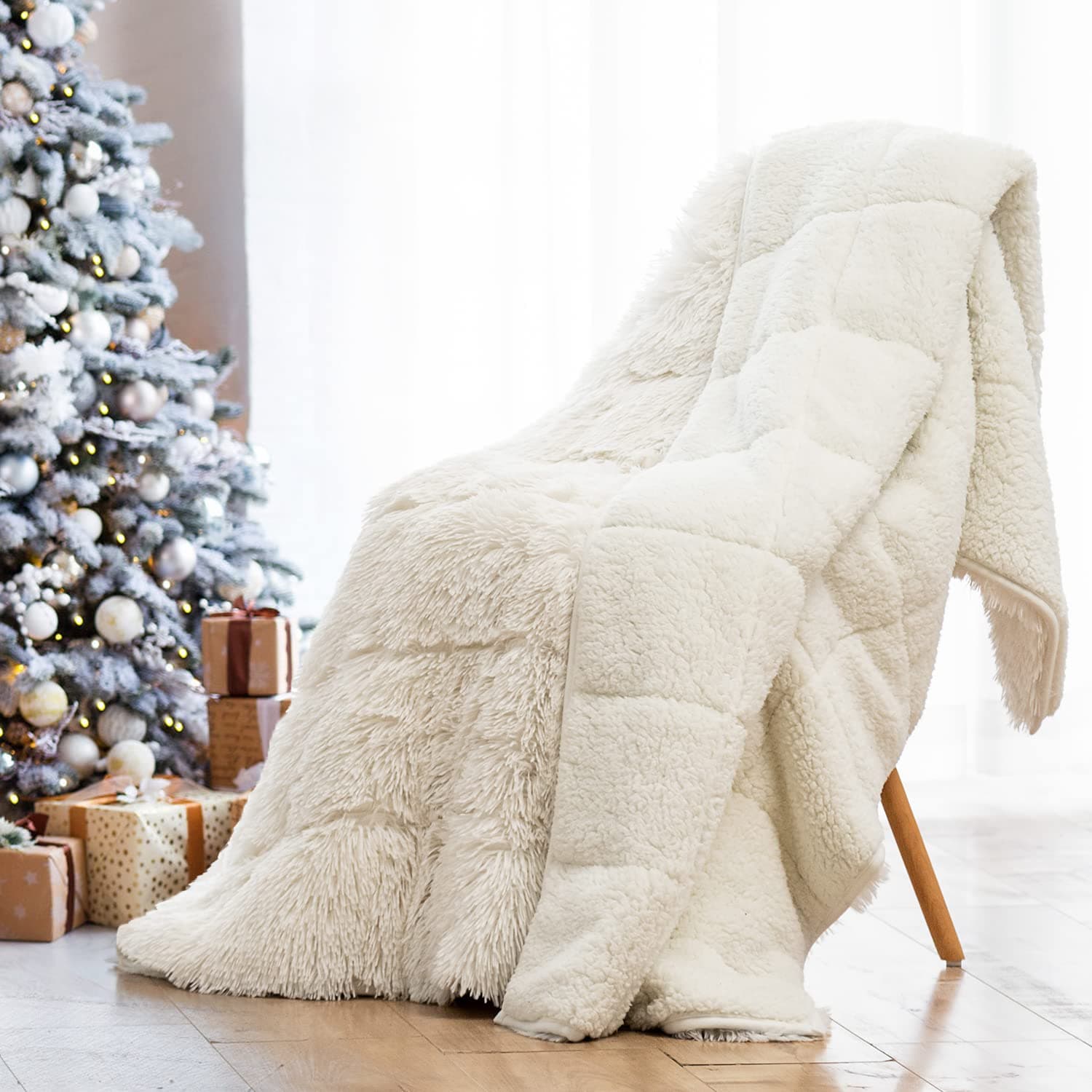 WemoreShaggy Long Fur Faux Fur Weighted Blanket, Cozy and Fluffy Plush Sherpa Long Hair Blanket for Adult 15lbs, Fluffy Fuzzy Sherpa Reverse Heavy Blankets for Bed, Couch, Cream White, 60 x 80 InchesOEKO-TEX STANDARD 100