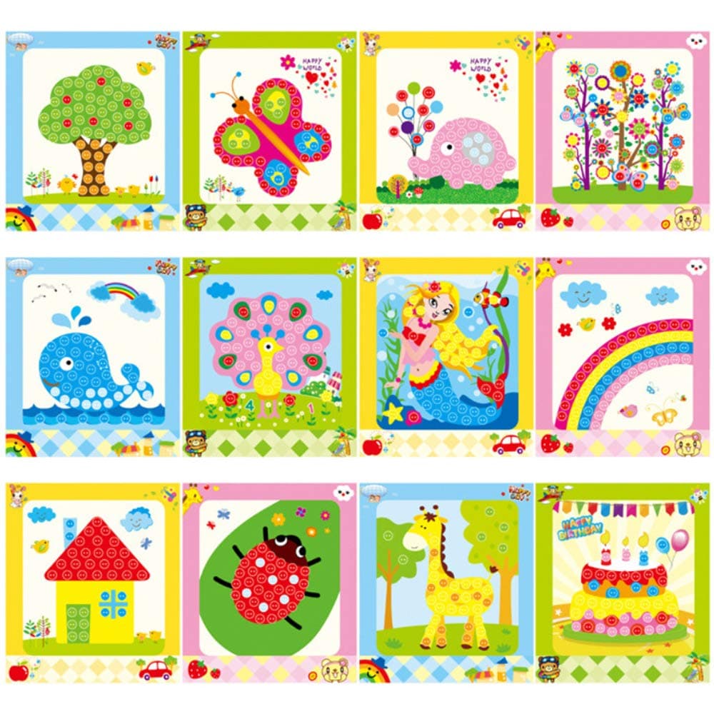 Lovyan Colorful Sticky Buttons Paintings Mosaic Sticker Art Sticky DIY Handmade Art Kits for Kids, Set of 12