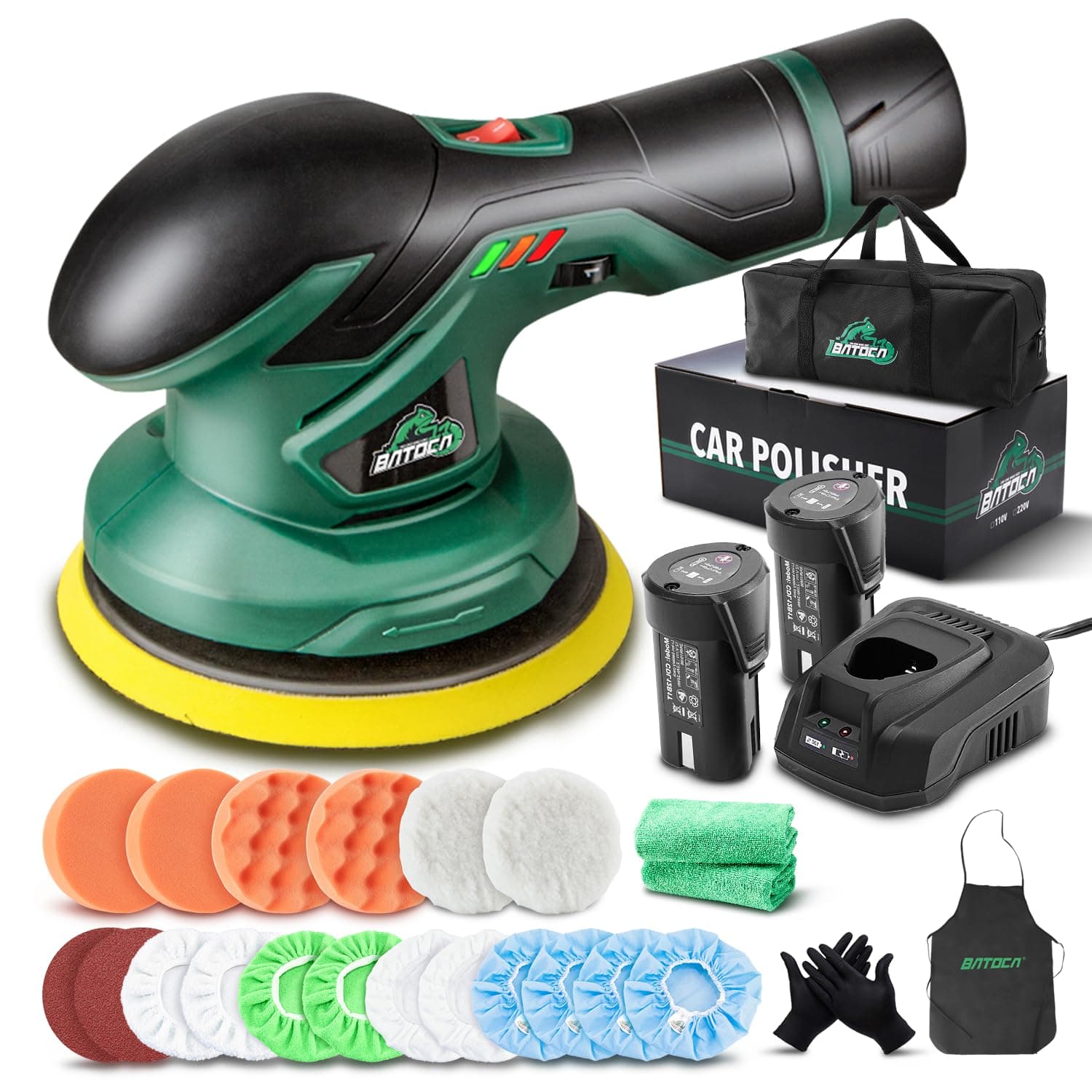 BATOCA Car Polisher - Cordless, Variable Speed, Random Orbital Polisher Kit with Green Polishing Bonnets, Detachable Handle, Discs, Foam Pads, Hex Wrench, User Manual
