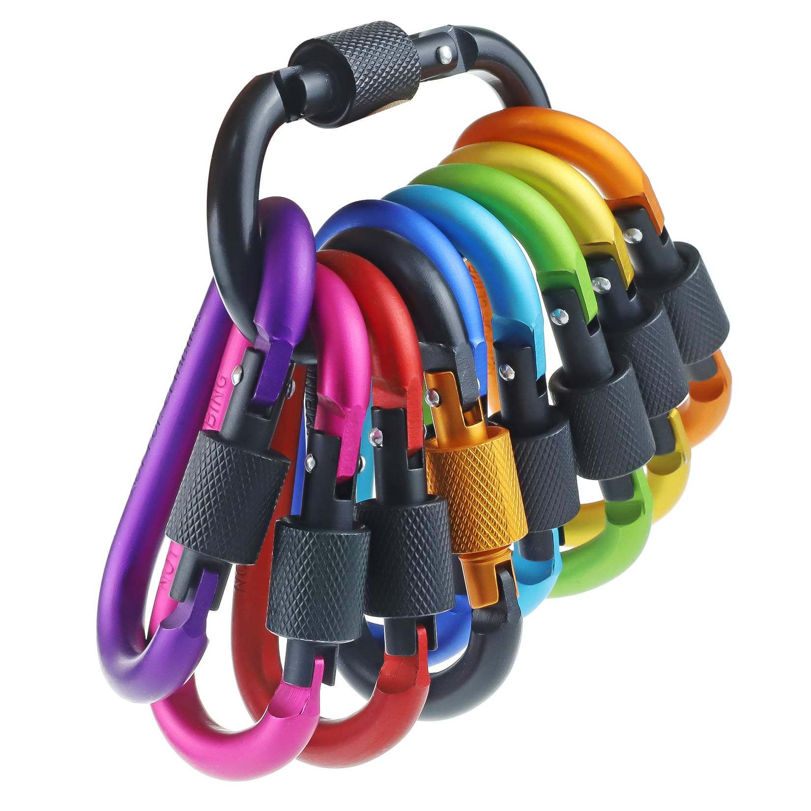 10 Pack Aluminum D Ring Key Rings Hiking Clips Locking Carabiner for Hiking Camping Fishing and Outdoor Use，Clips with Screw Gate Multicolored